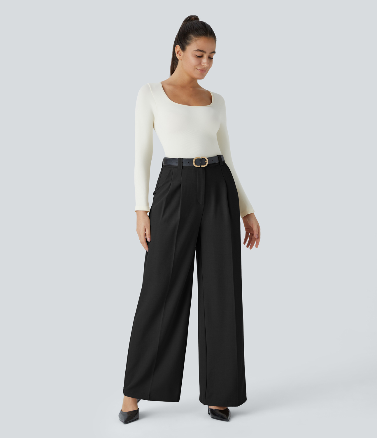 Halara High Waisted Zipper Plicated Side Pocket Wide Leg Work Pants  - Black - XL(regular) sweatpants jogger pants stacked sweatpants 