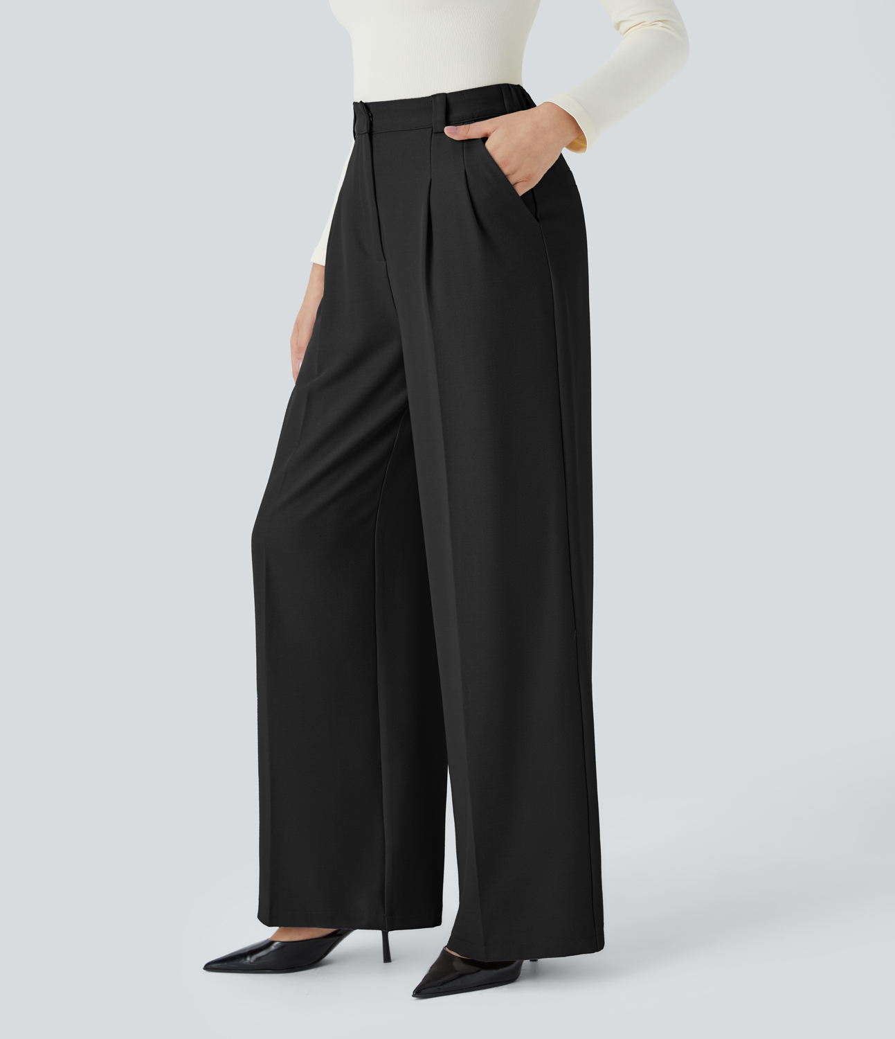 Halara High Waisted Zipper Plicated Side Pocket Wide Leg Work Pants  - Black - XL(regular) sweatpants jogger pants stacked sweatpants 
