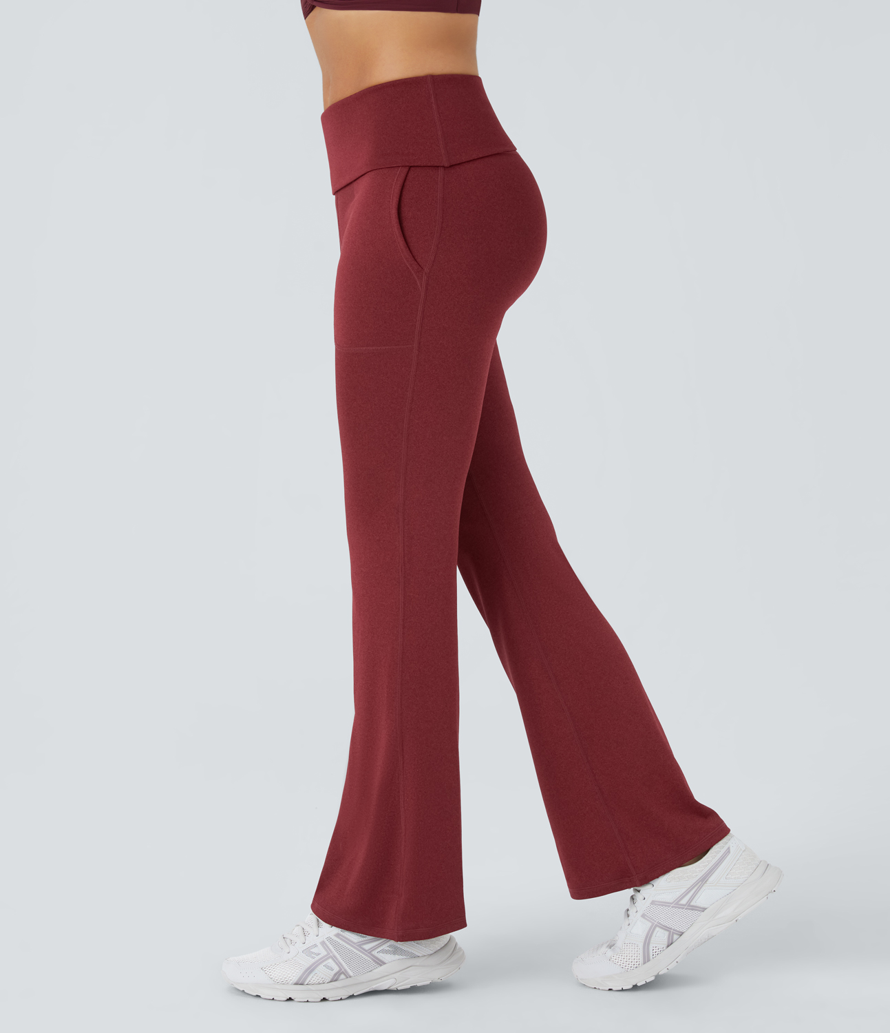 Halara Super High Waisted Foldover Pocket Full Length Flare Leggings  - Crimson Yarn - M gym leggings leggings with pockets 