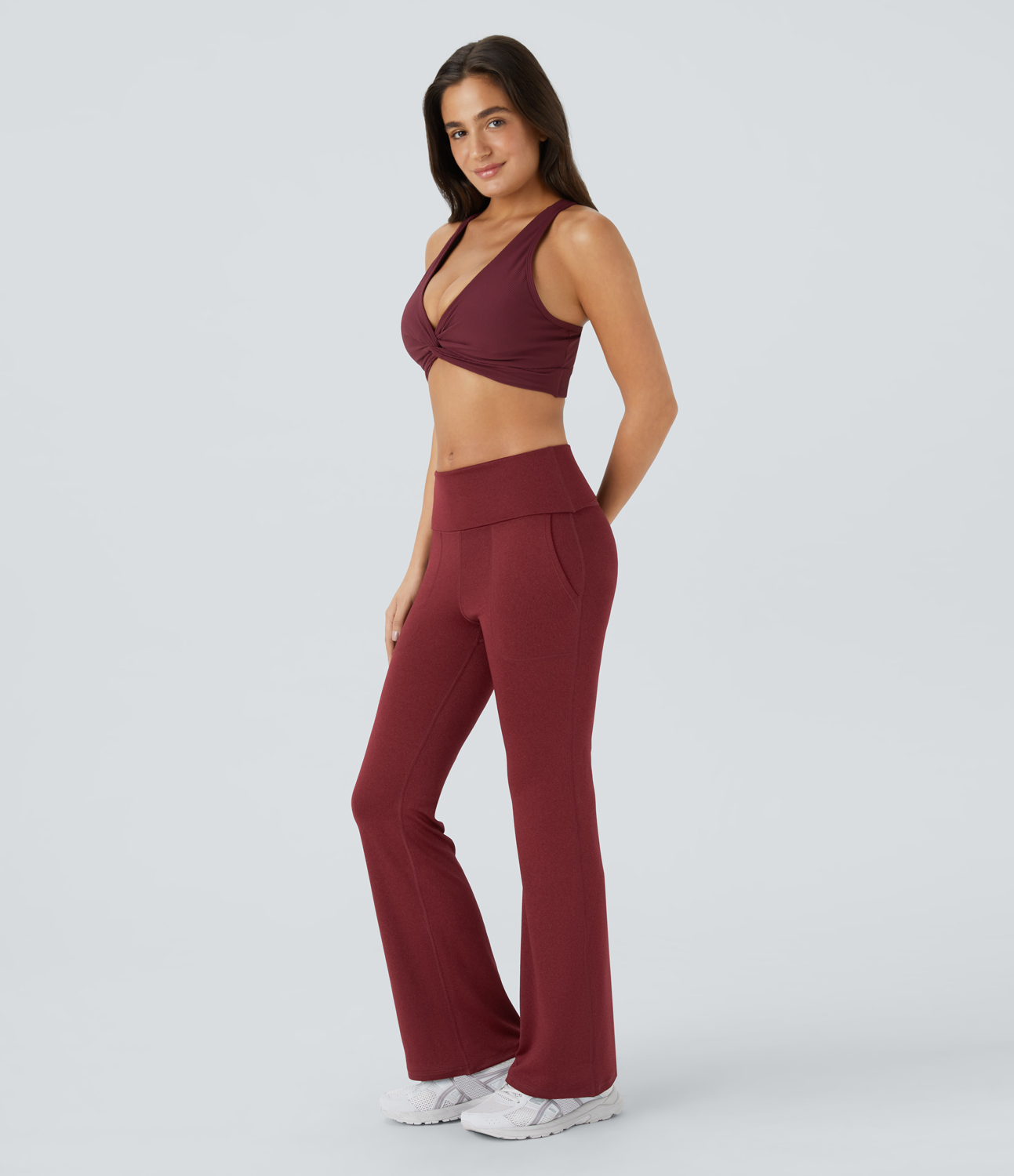 Halara Super High Waisted Foldover Pocket Full Length Flare Leggings  - Crimson Yarn - M gym leggings leggings with pockets 
