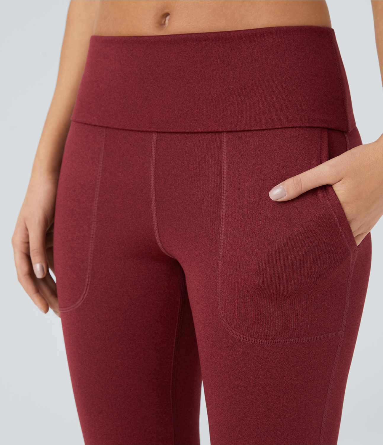 Halara Super High Waisted Foldover Pocket Full Length Flare Leggings  - Crimson Yarn - M gym leggings leggings with pockets 