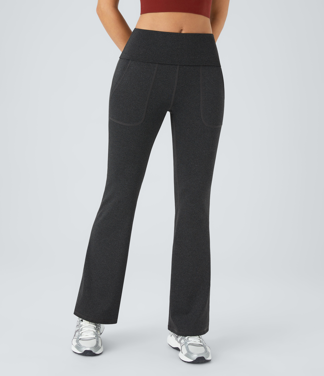 Halara Super High Waisted Foldover Pocket Full Length Flare Leggings  - Mottled Carbon Black - XS gym leggings leggings with pockets 