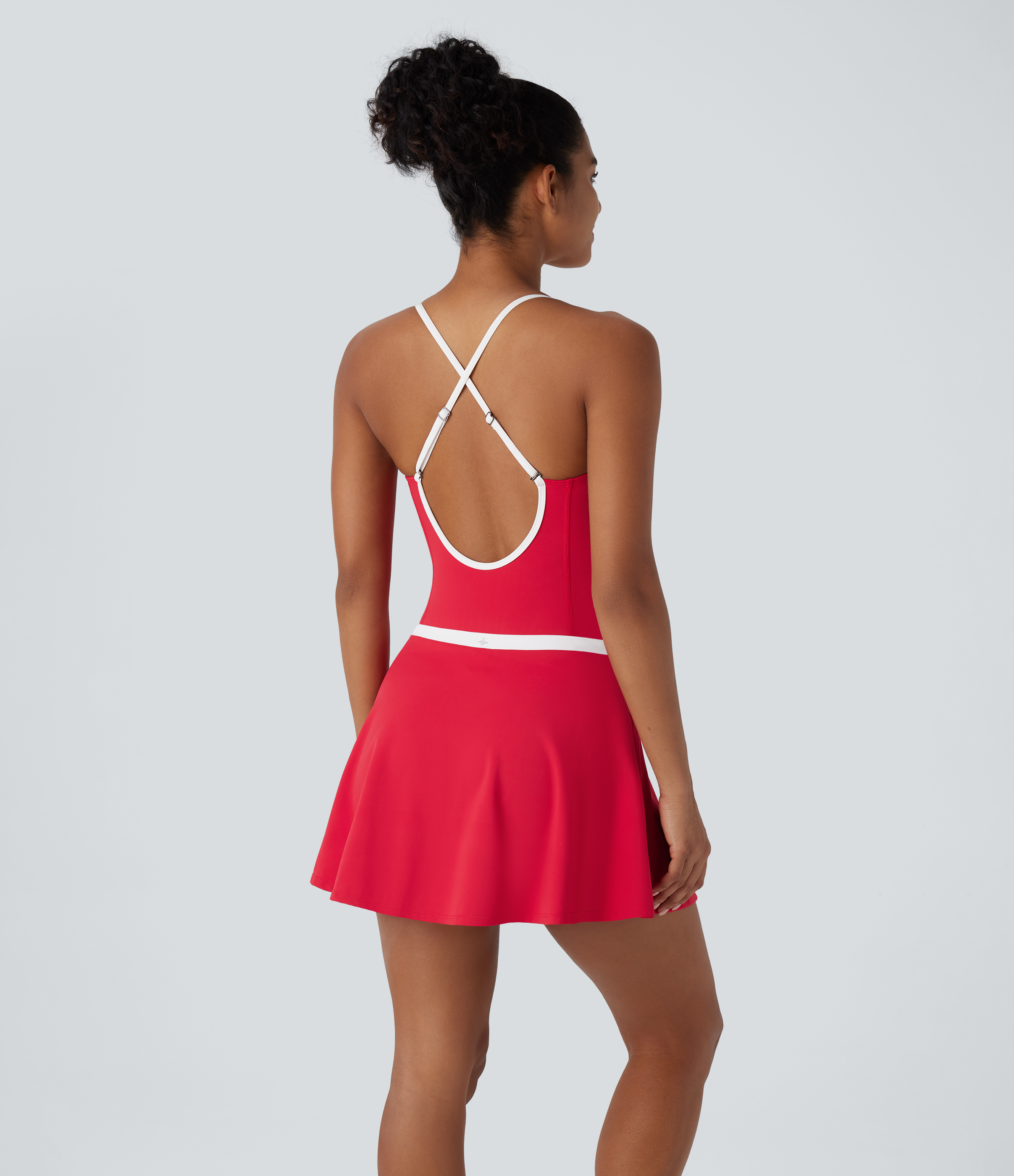 Halara Softlyzeroв„ў Airy Backless Adjustable Strap Color Block Side Pocket 2 Piece Set Cool Touch Yoga Bodysuit & Skirt Workout Dress - Salsa - XL 