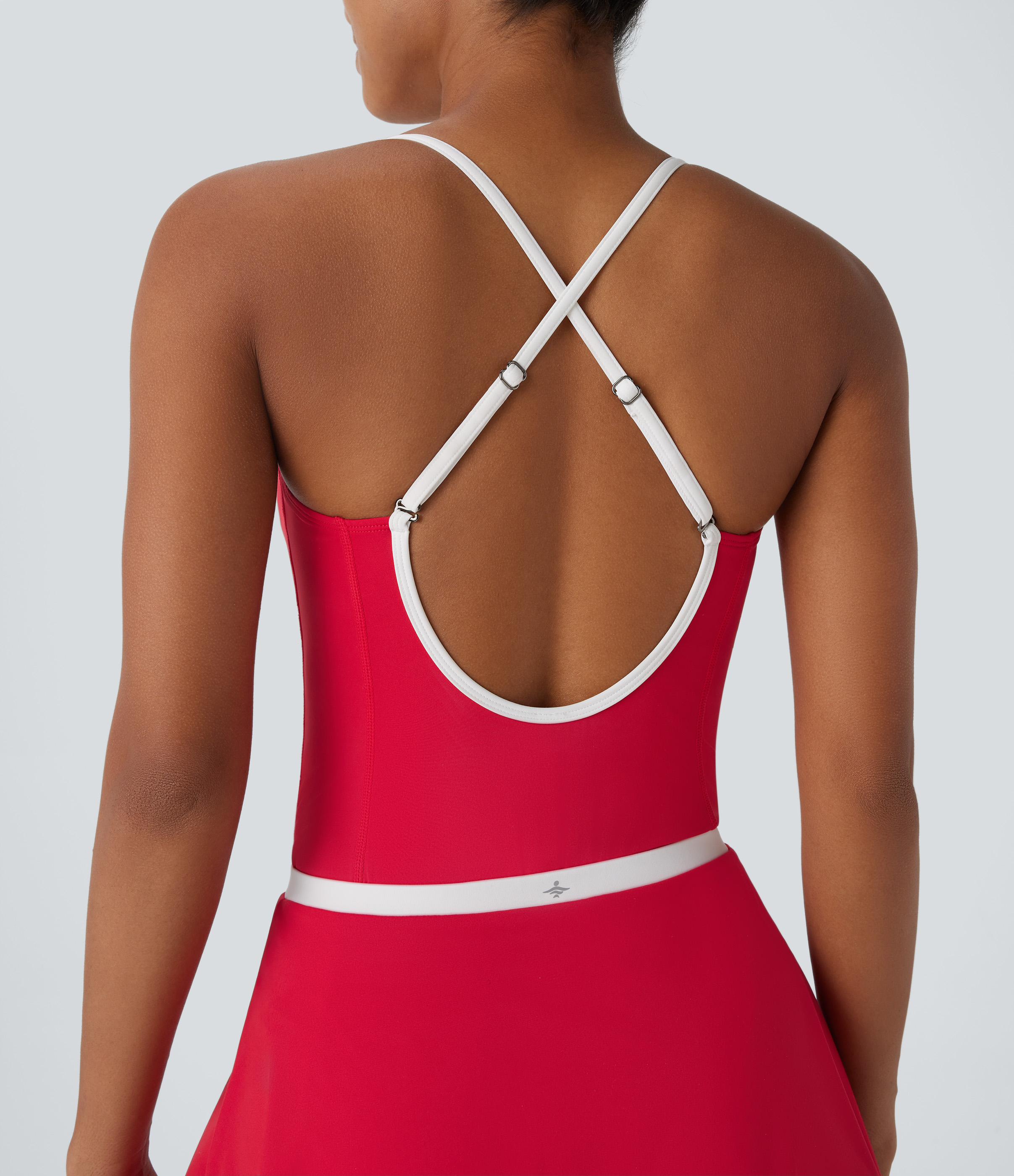 Halara Softlyzeroв„ў Airy Backless Adjustable Strap Color Block Side Pocket 2 Piece Set Cool Touch Yoga Bodysuit & Skirt Workout Dress - Salsa - XL 