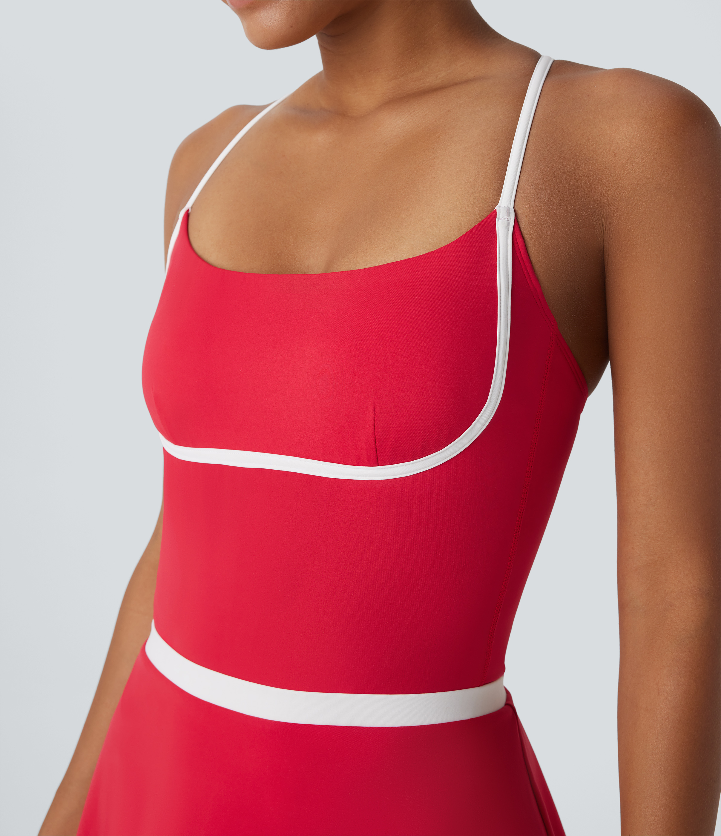 Halara Softlyzeroв„ў Airy Backless Adjustable Strap Color Block Side Pocket 2 Piece Set Cool Touch Yoga Bodysuit & Skirt Workout Dress - Salsa - XL 