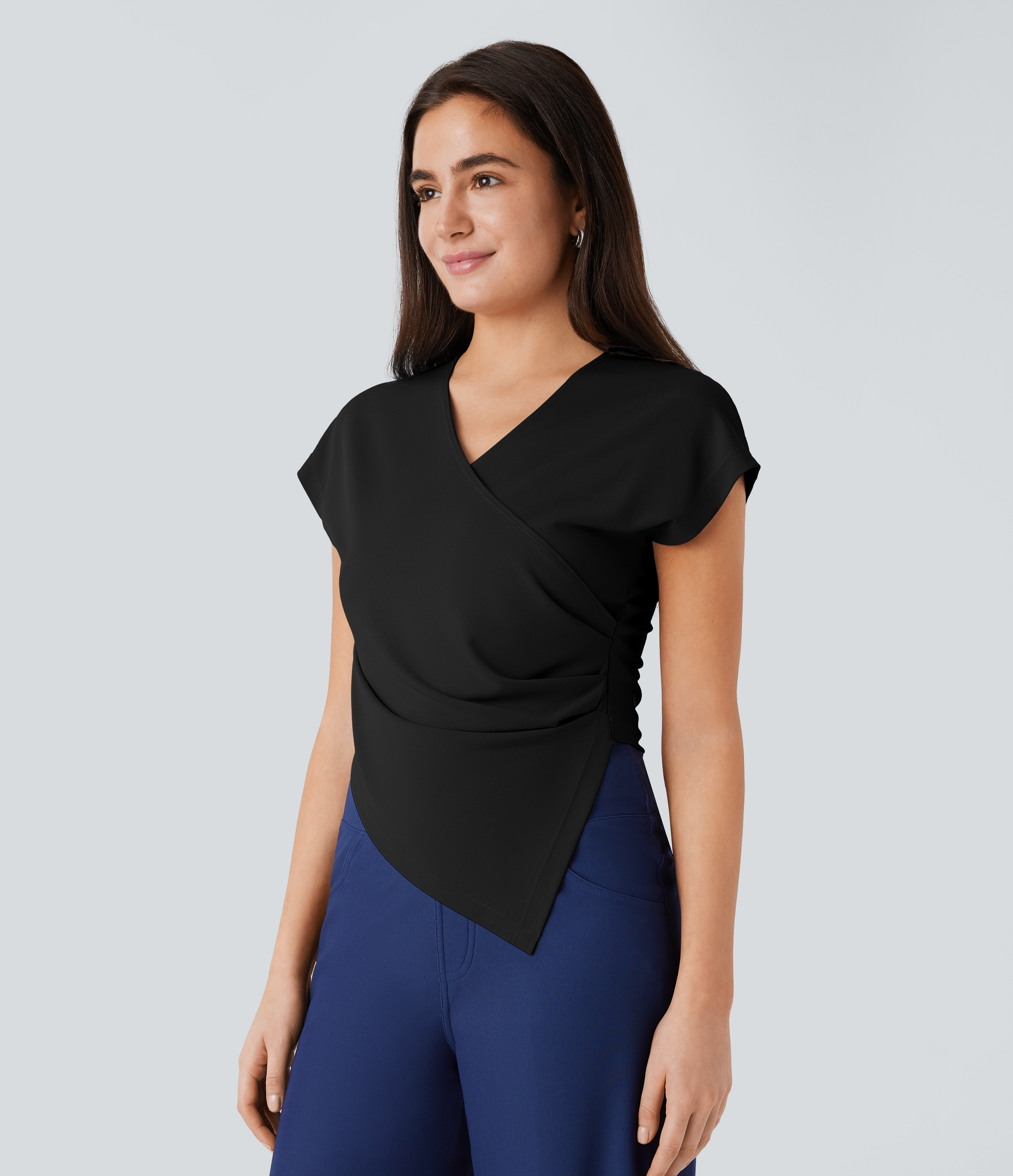 Halara Crossover V Neck Ruched Asymmetric Hem Work Top Tank Top - Black - XL golf tops halter top tunic tops sleeveless tops backless top 