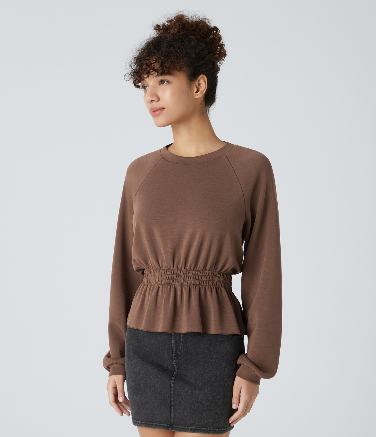 Halara Round Neck Raglan Long Sleeve Shirred Ruffle Hem Casual Sweatshirt  - Mustang - XS 