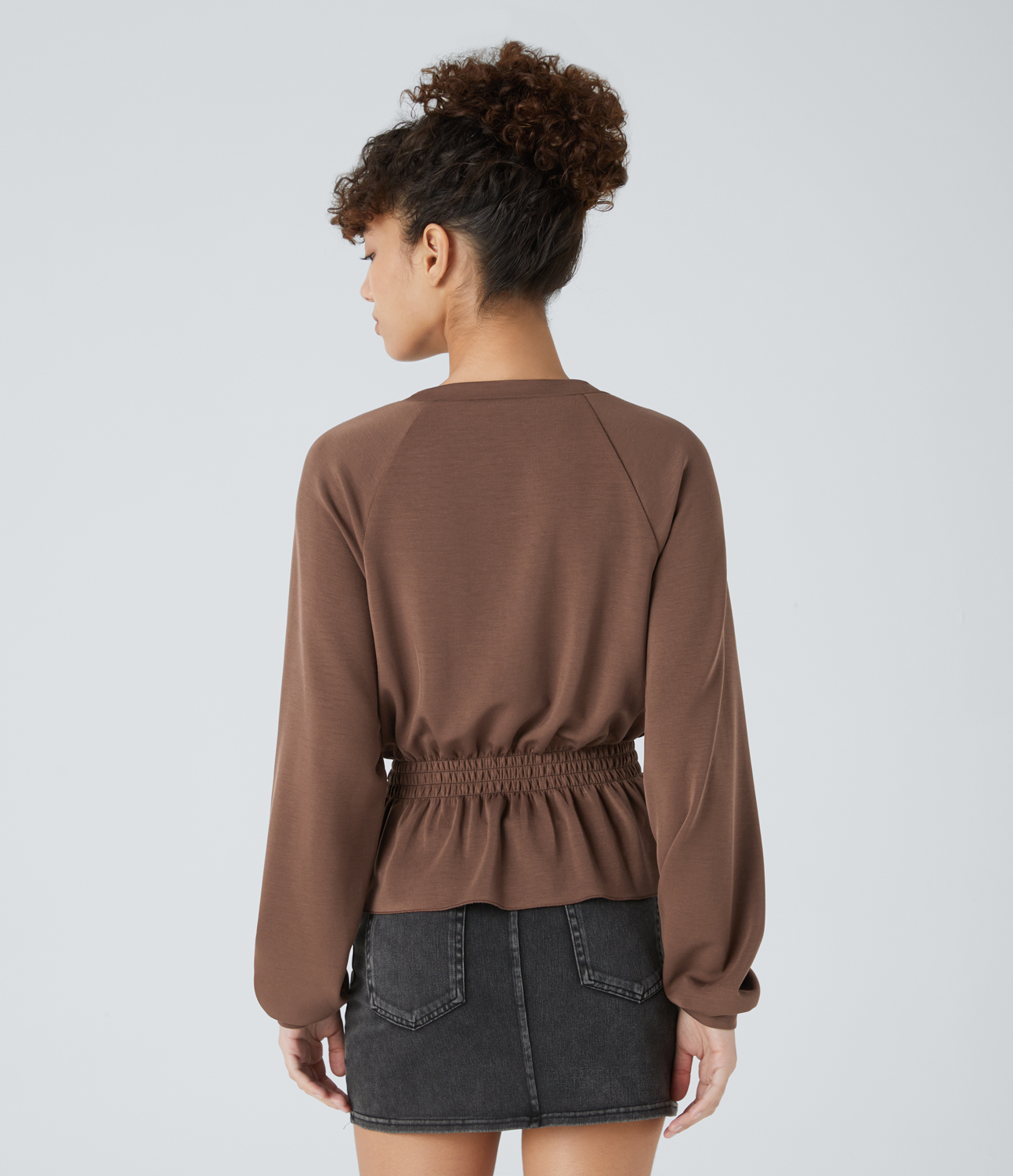 Halara Round Neck Raglan Long Sleeve Shirred Ruffle Hem Casual Sweatshirt  - Mustang - XS 