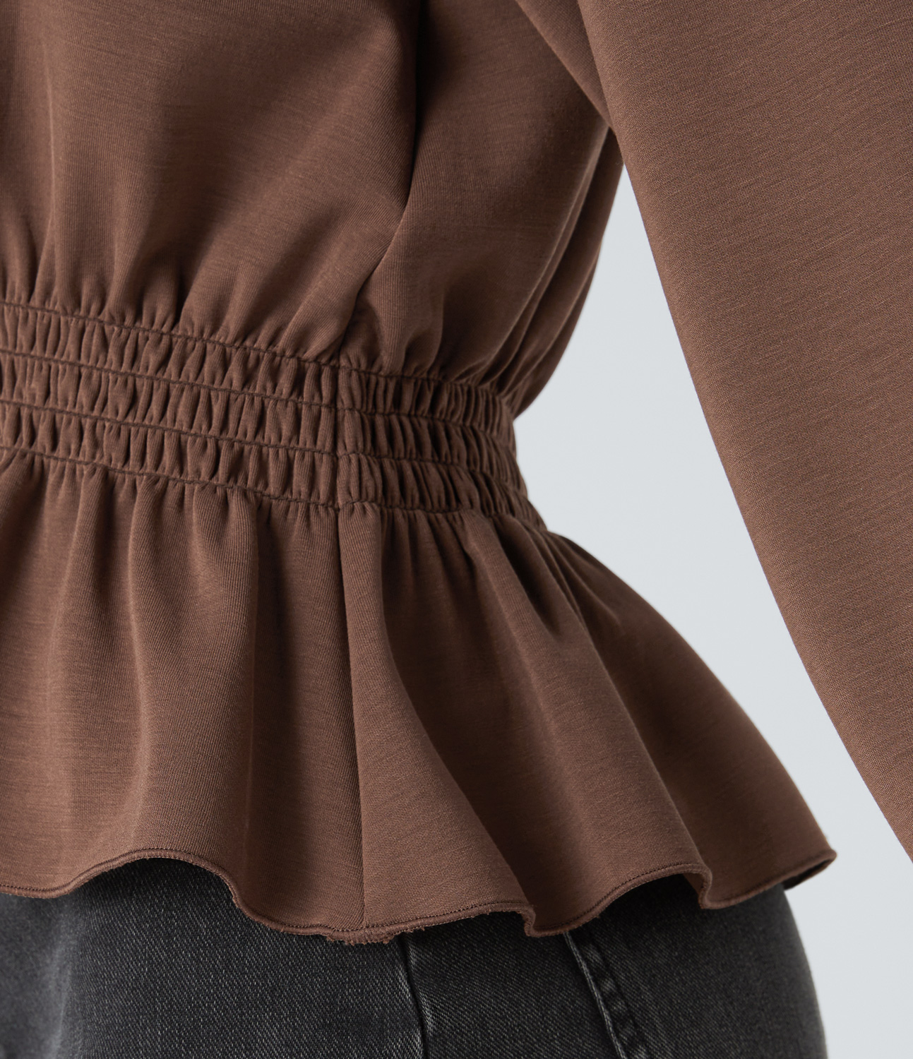 Halara Round Neck Raglan Long Sleeve Shirred Ruffle Hem Casual Sweatshirt  - Mustang - XS 