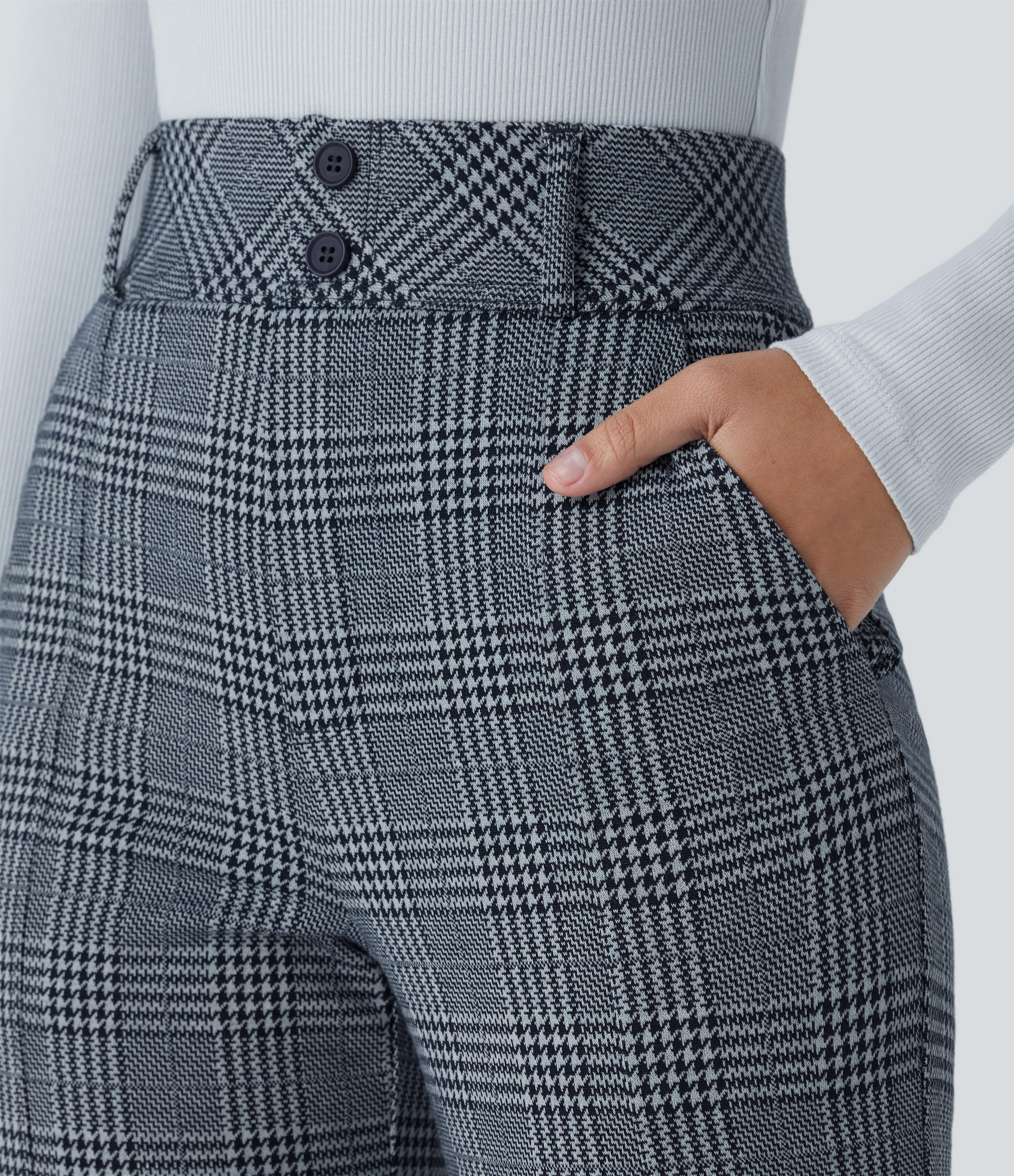 Halara Halara Flexв„ў High Waisted Decorative Button Side Pocket Houndstooth Plaid Work Flare Pants  - Navy Blue Houndstooth Plaid - M(regular) 