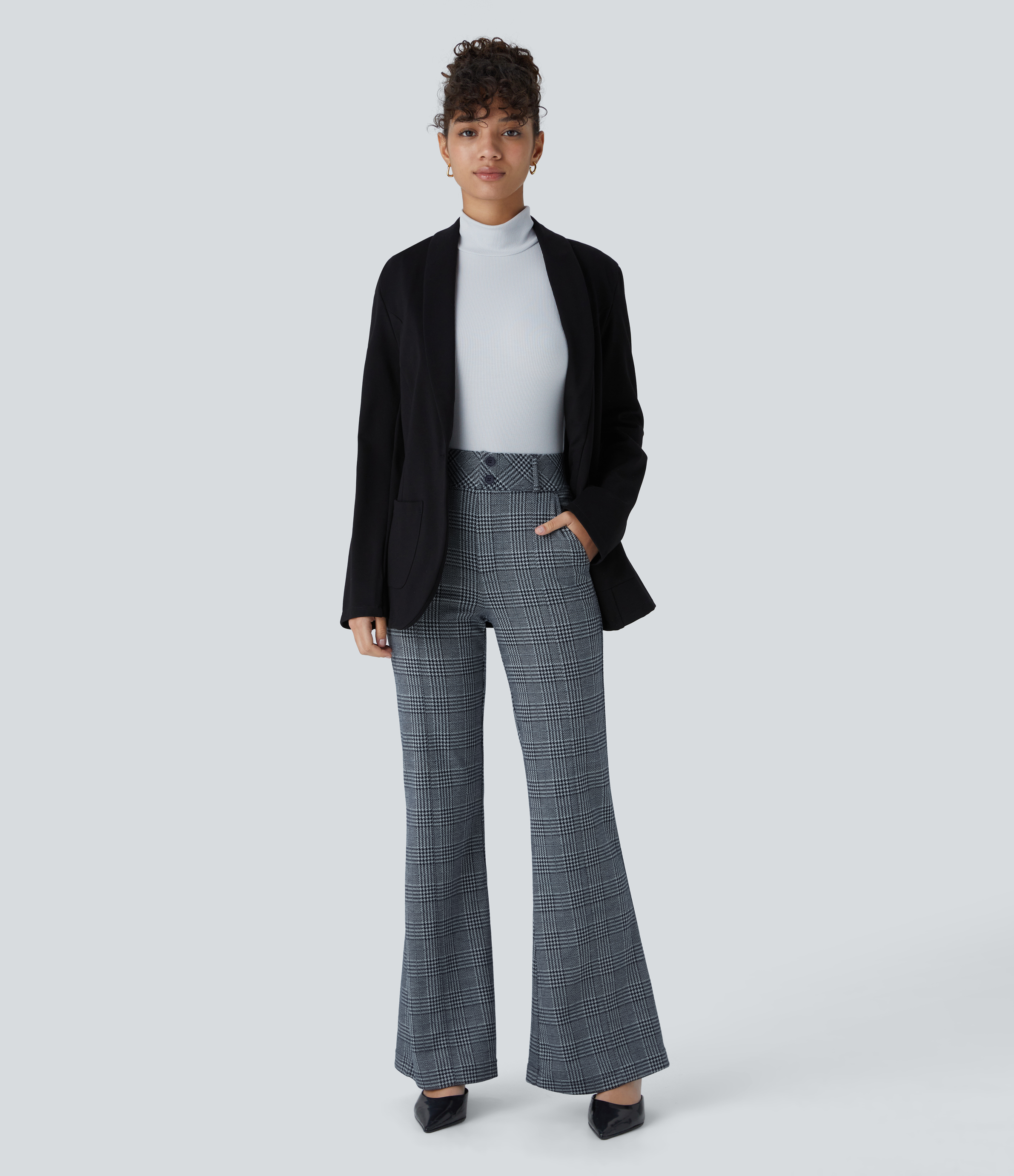 Halara Halara Flexв„ў High Waisted Decorative Button Side Pocket Houndstooth Plaid Work Flare Pants  - Navy Blue Houndstooth Plaid - M(regular) 