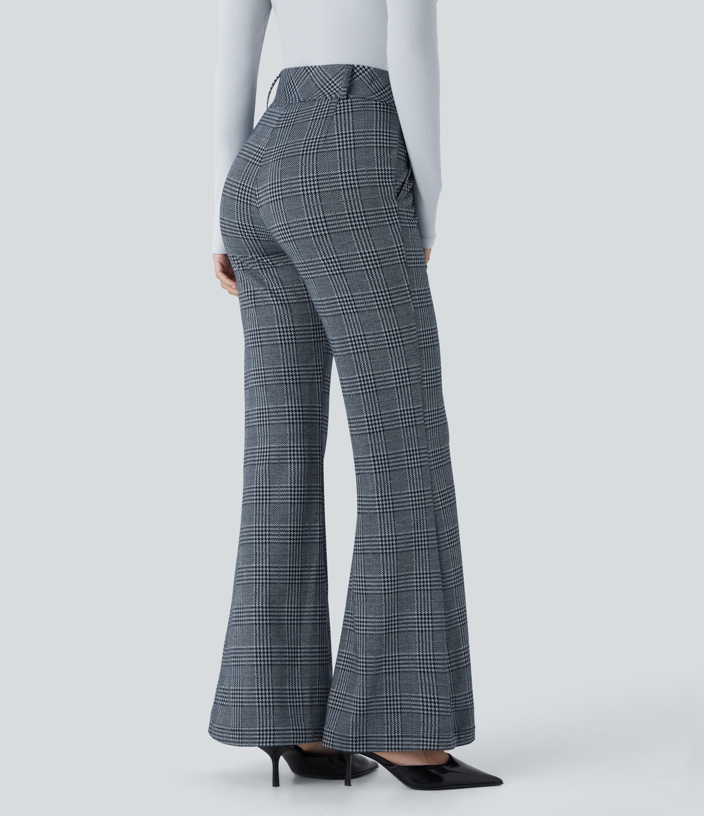 Halara Halara Flexв„ў High Waisted Decorative Button Side Pocket Houndstooth Plaid Work Flare Pants  - Navy Blue Houndstooth Plaid - M(regular) 