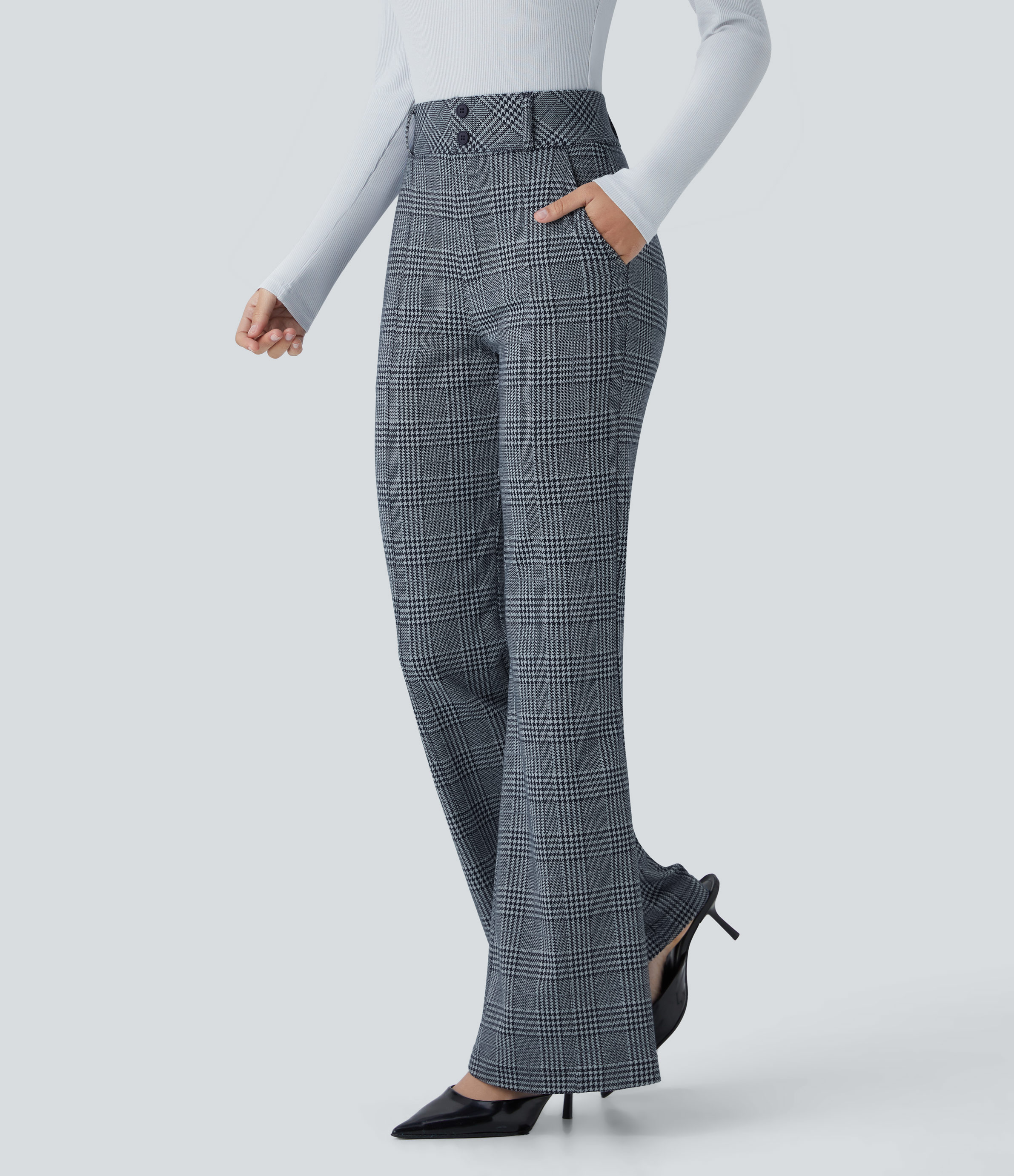 Halara Halara Flexв„ў High Waisted Decorative Button Side Pocket Houndstooth Plaid Work Flare Pants  - Navy Blue Houndstooth Plaid - M(regular) 