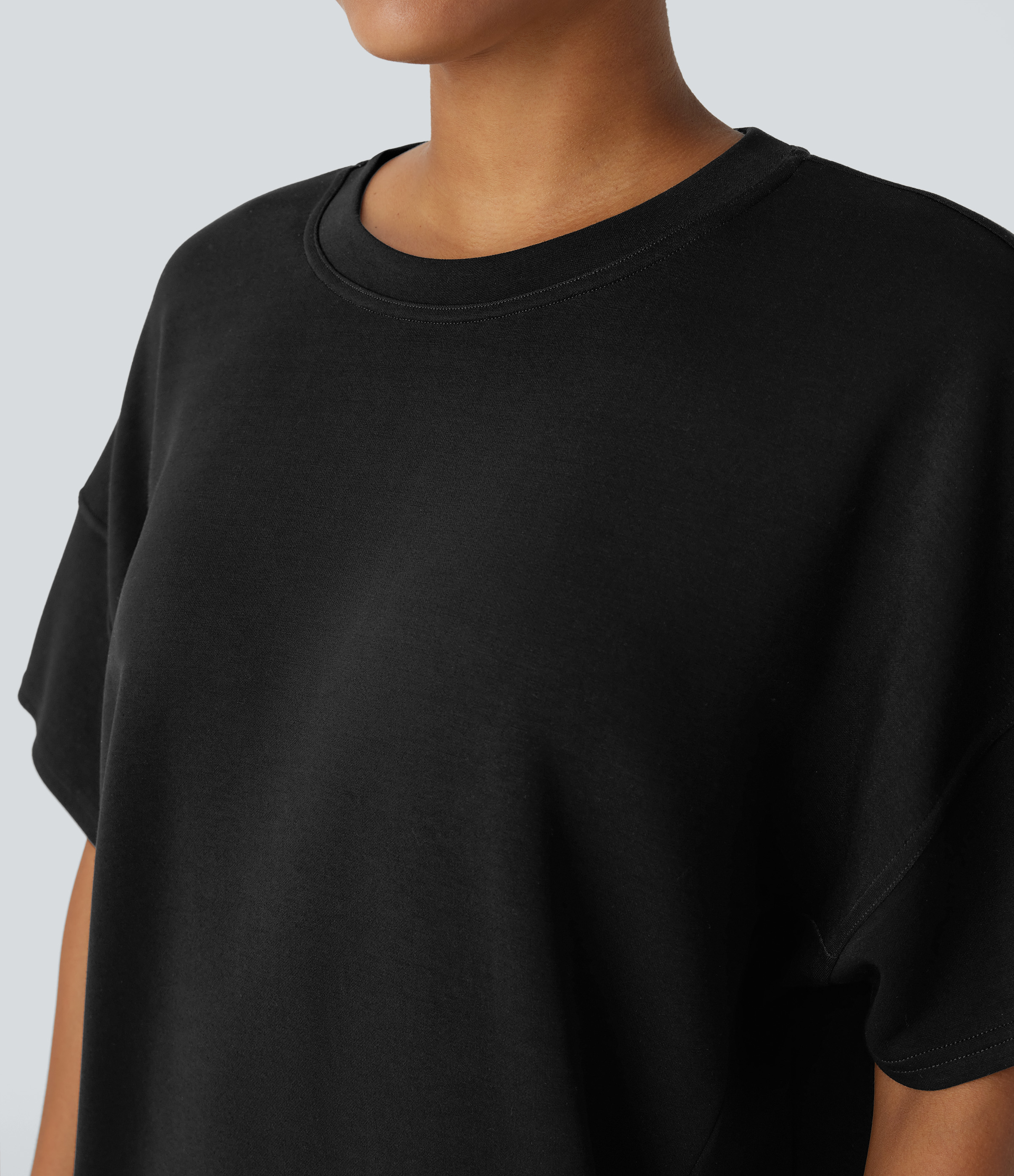 Halara Round Neck Short Sleeve Side Pocket Oversize Casual Sports Top  - Black - S 