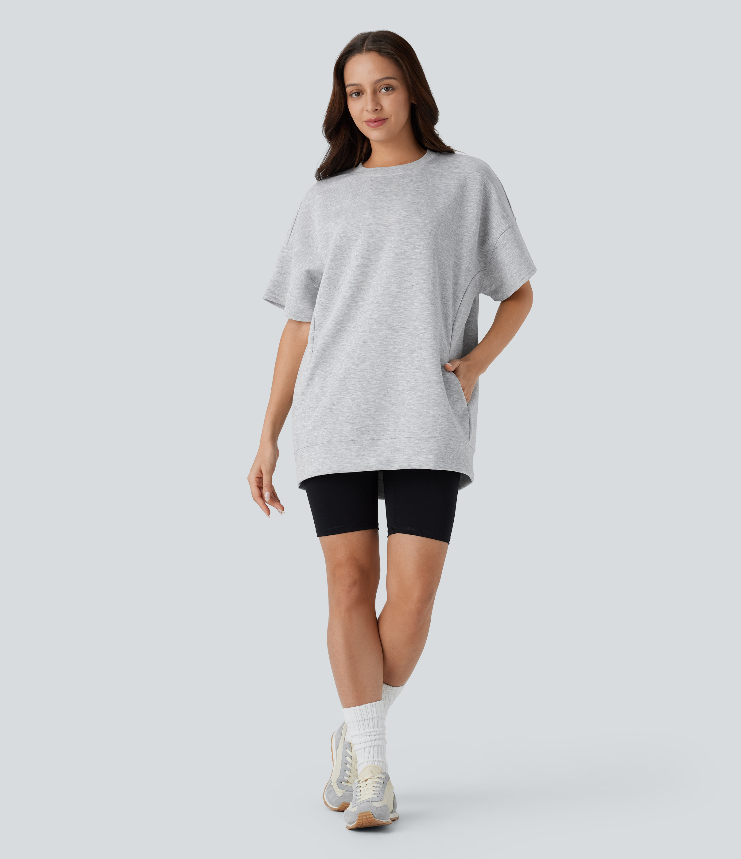Halara Round Neck Short Sleeve Side Pocket Oversize Casual Sports Top  - Fog Gray - S 