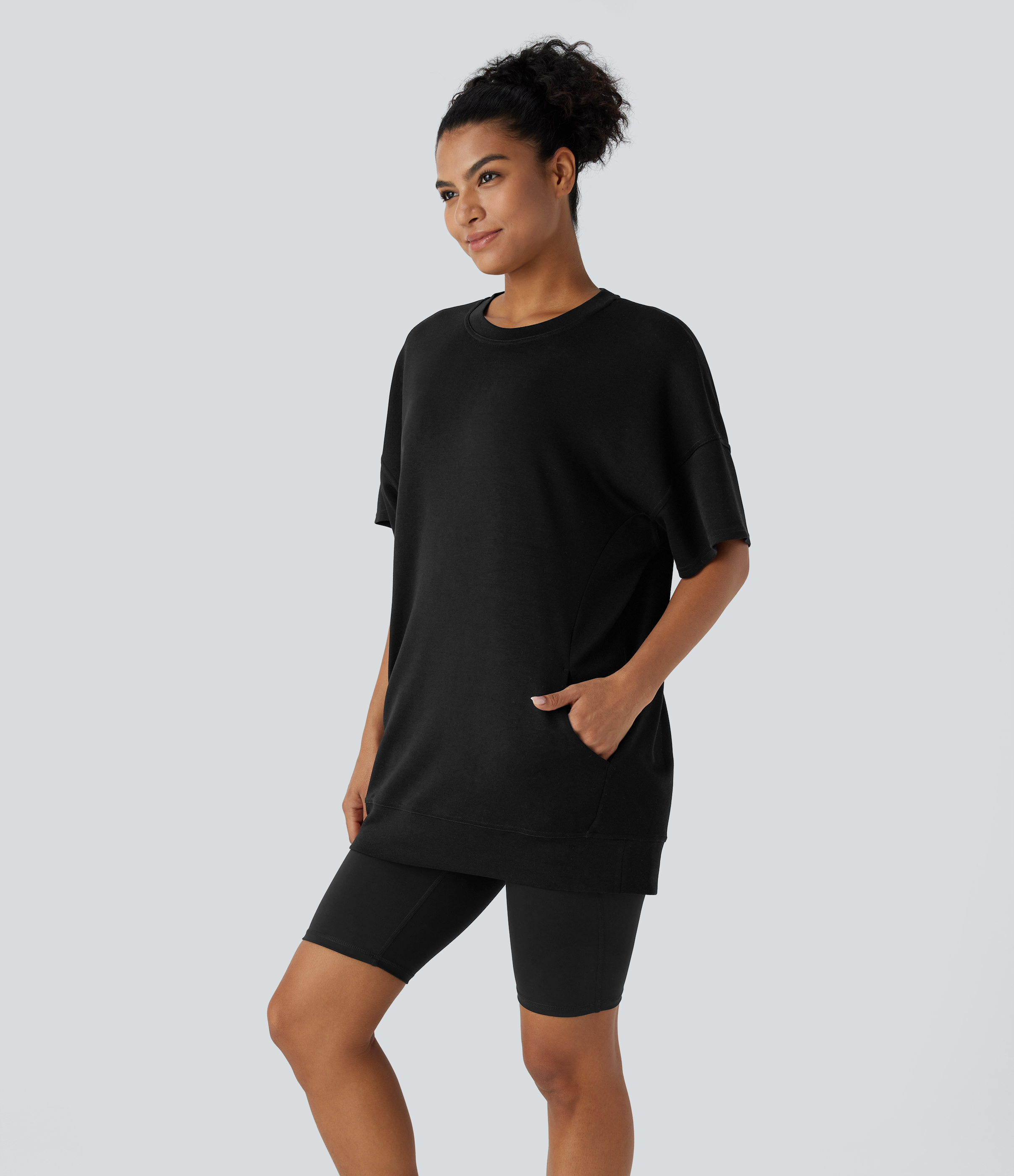 Halara Round Neck Short Sleeve Side Pocket Oversize Casual Sports Top  - Black - S 