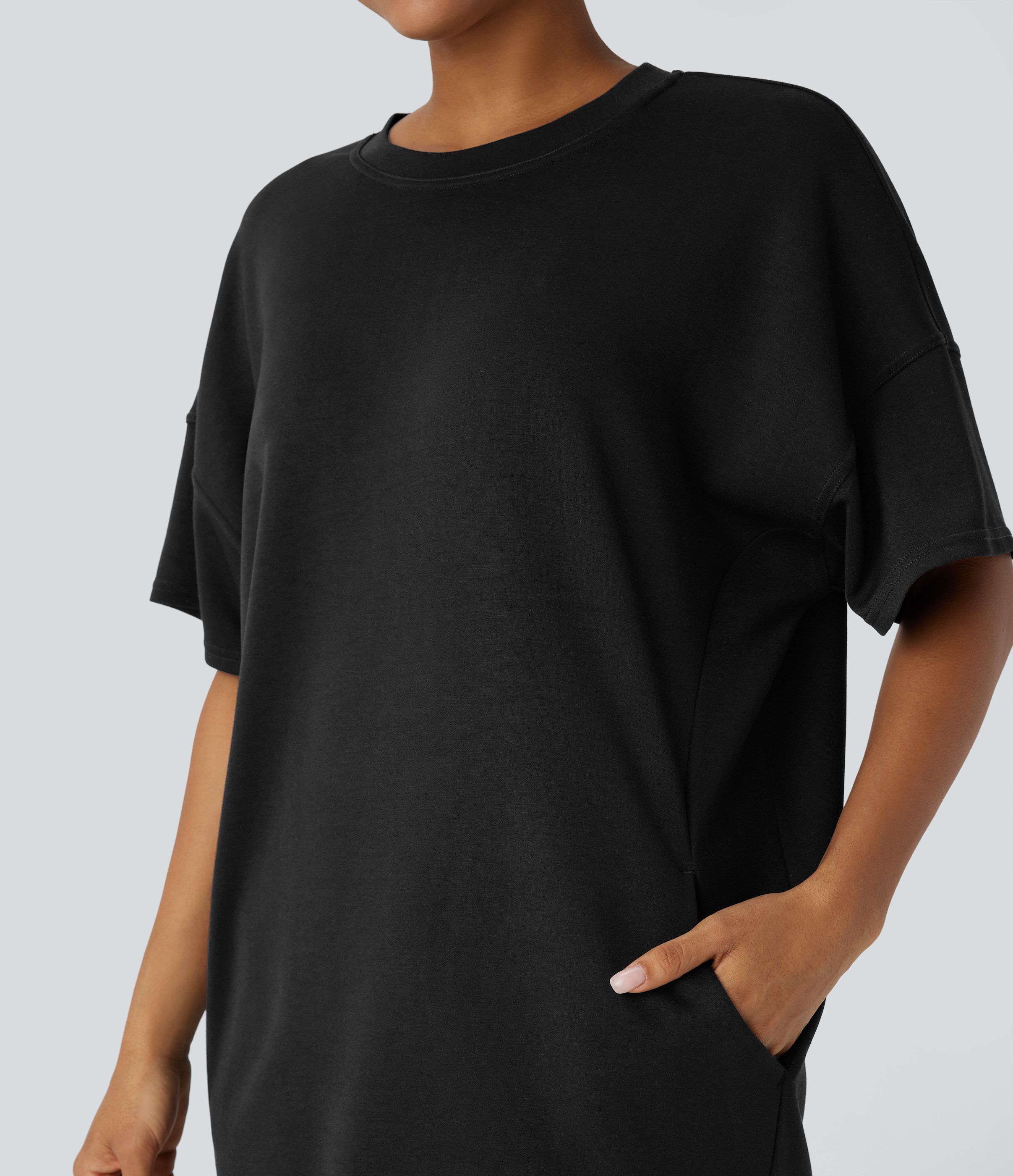 Halara Round Neck Short Sleeve Side Pocket Oversize Casual Sports Top  - Black - S 