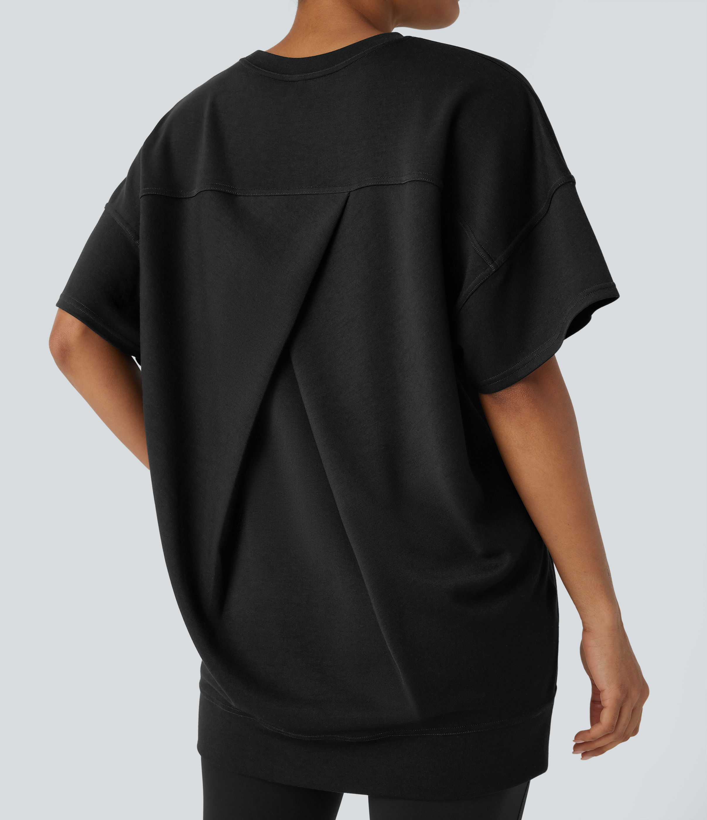 Halara Round Neck Short Sleeve Side Pocket Oversize Casual Sports Top  - Black - S 