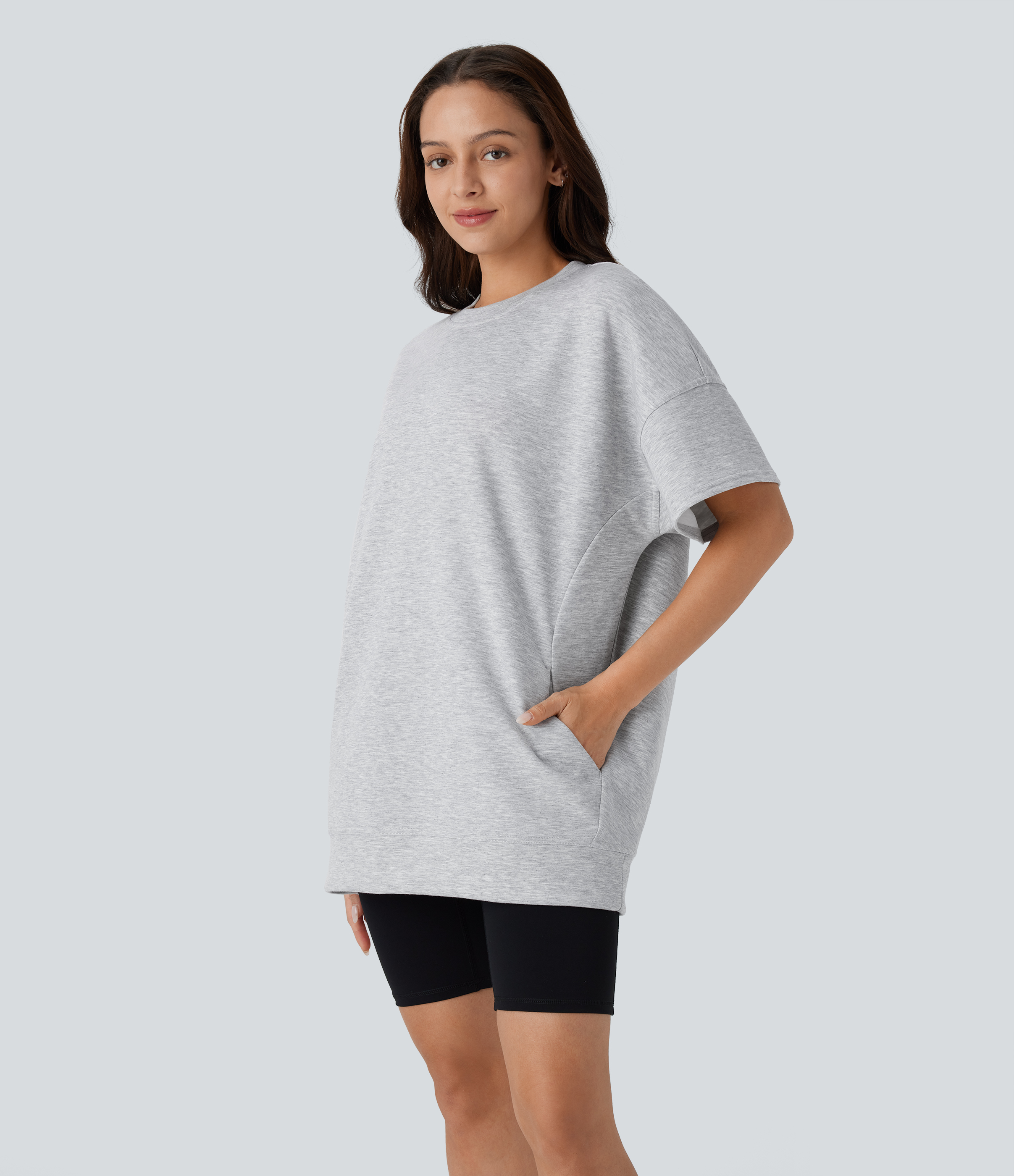 Halara Round Neck Short Sleeve Side Pocket Oversize Casual Sports Top  - Fog Gray - S 