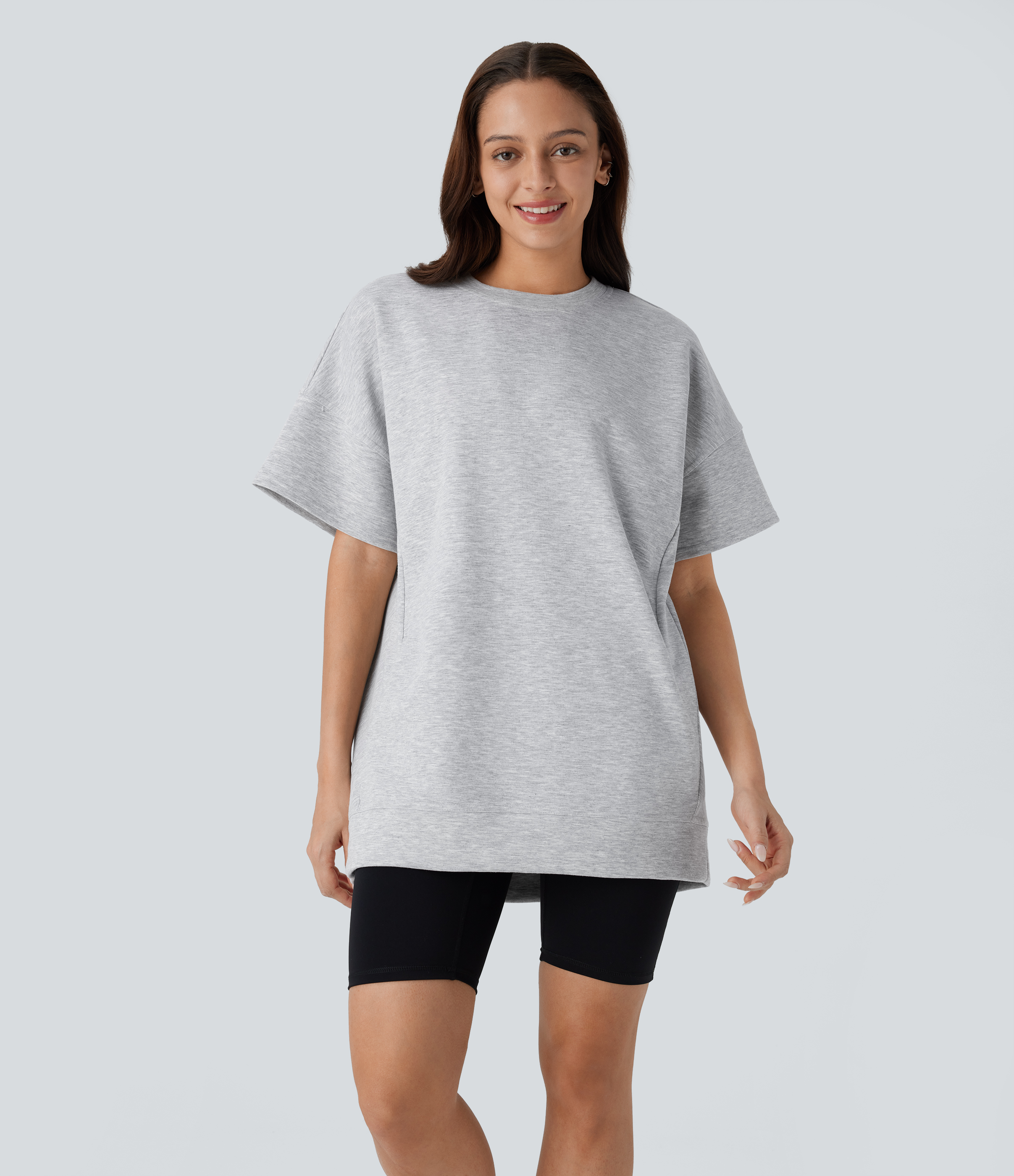 Halara Round Neck Short Sleeve Side Pocket Oversize Casual Sports Top  - Fog Gray - S 