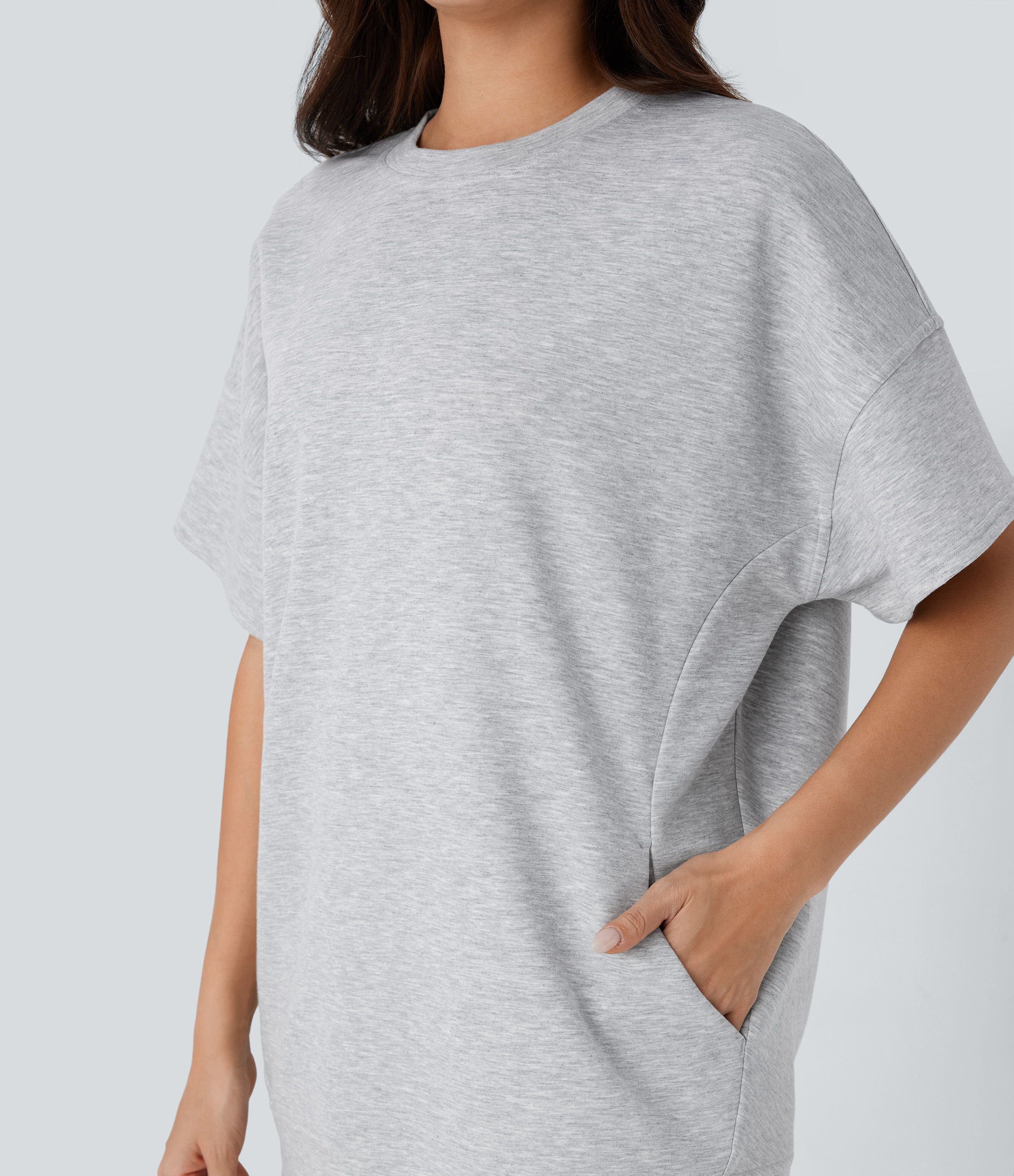 Halara Round Neck Short Sleeve Side Pocket Oversize Casual Sports Top  - Fog Gray - S 