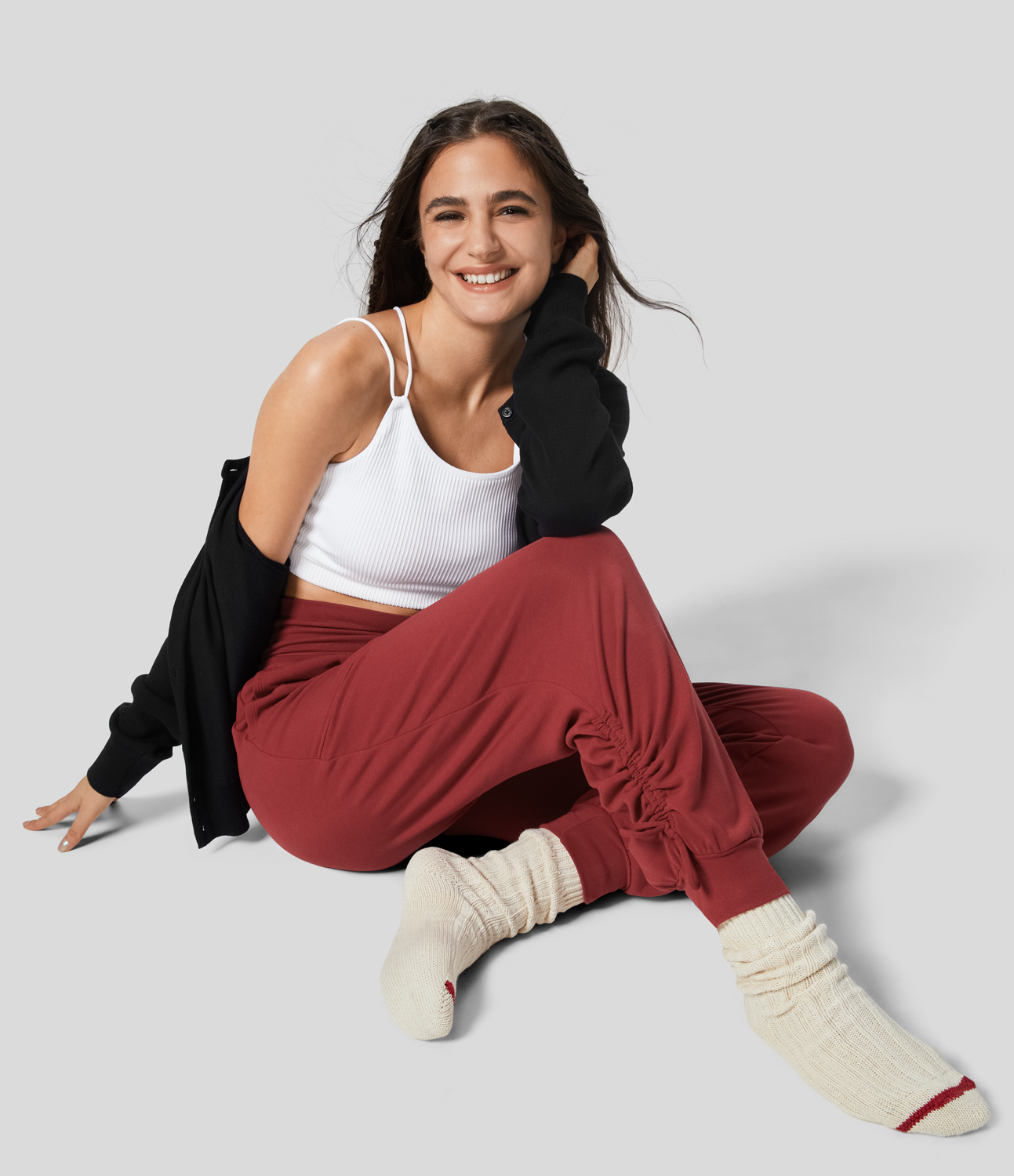 Halara High Waisted Drawstring Plicated Side Pocket Ankle Length Tapered Thermal Casual Joggers  - Strawberry Red - XL(regular) 
