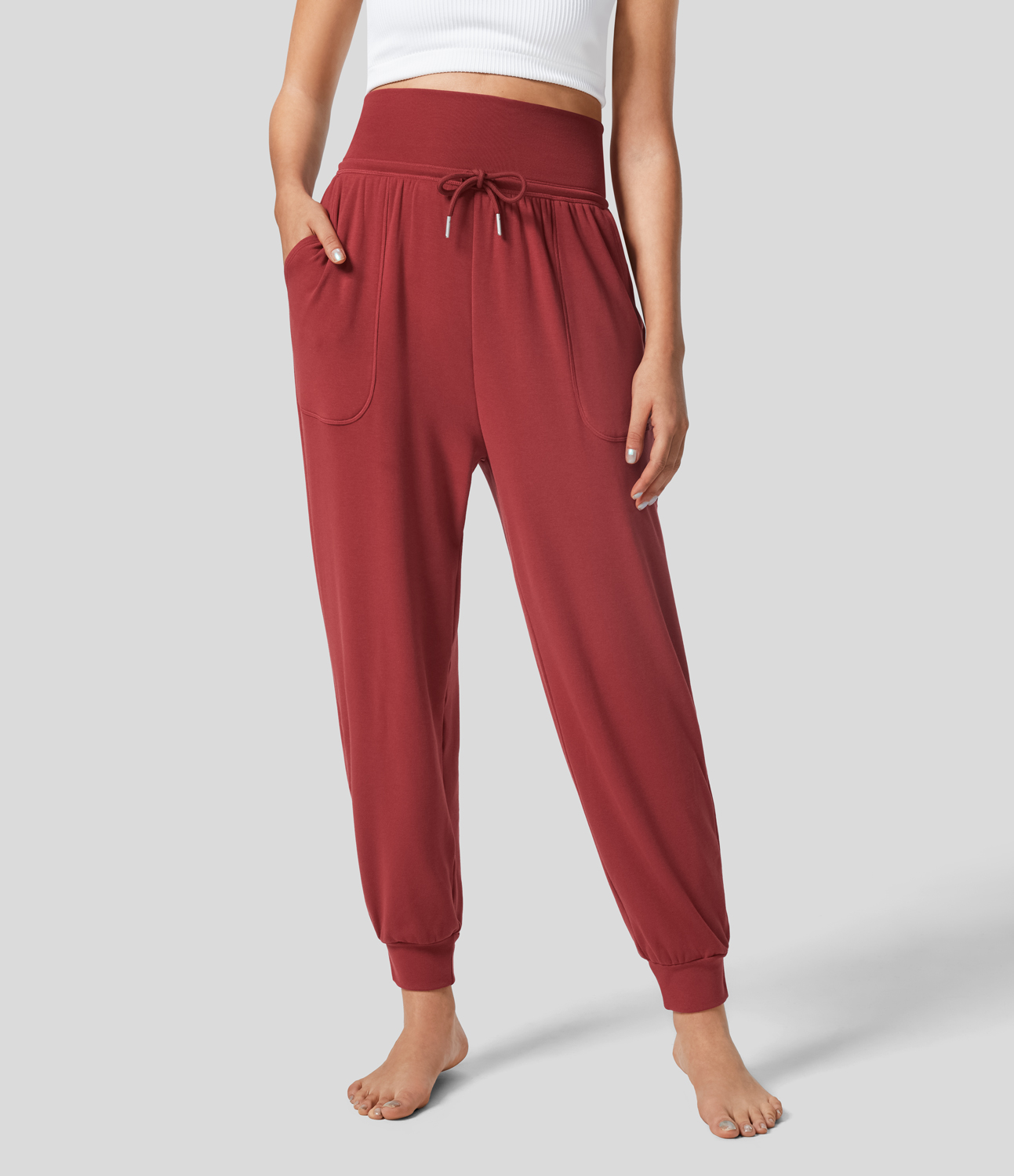 Halara High Waisted Drawstring Plicated Side Pocket Ankle Length Tapered Thermal Casual Joggers  - Strawberry Red - XL(regular) 