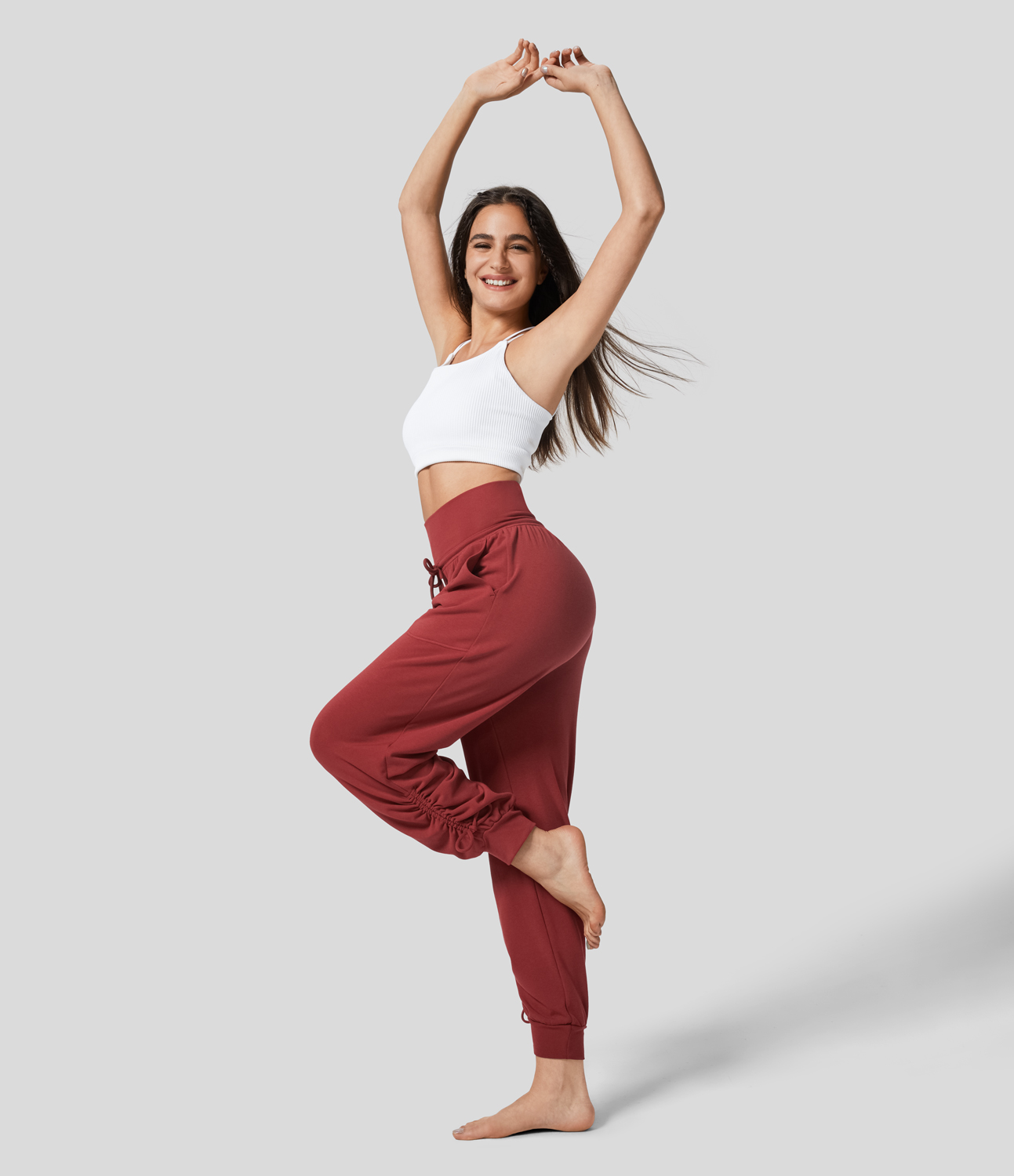 Halara High Waisted Drawstring Plicated Side Pocket Ankle Length Tapered Thermal Casual Joggers  - Strawberry Red - XL(regular) 