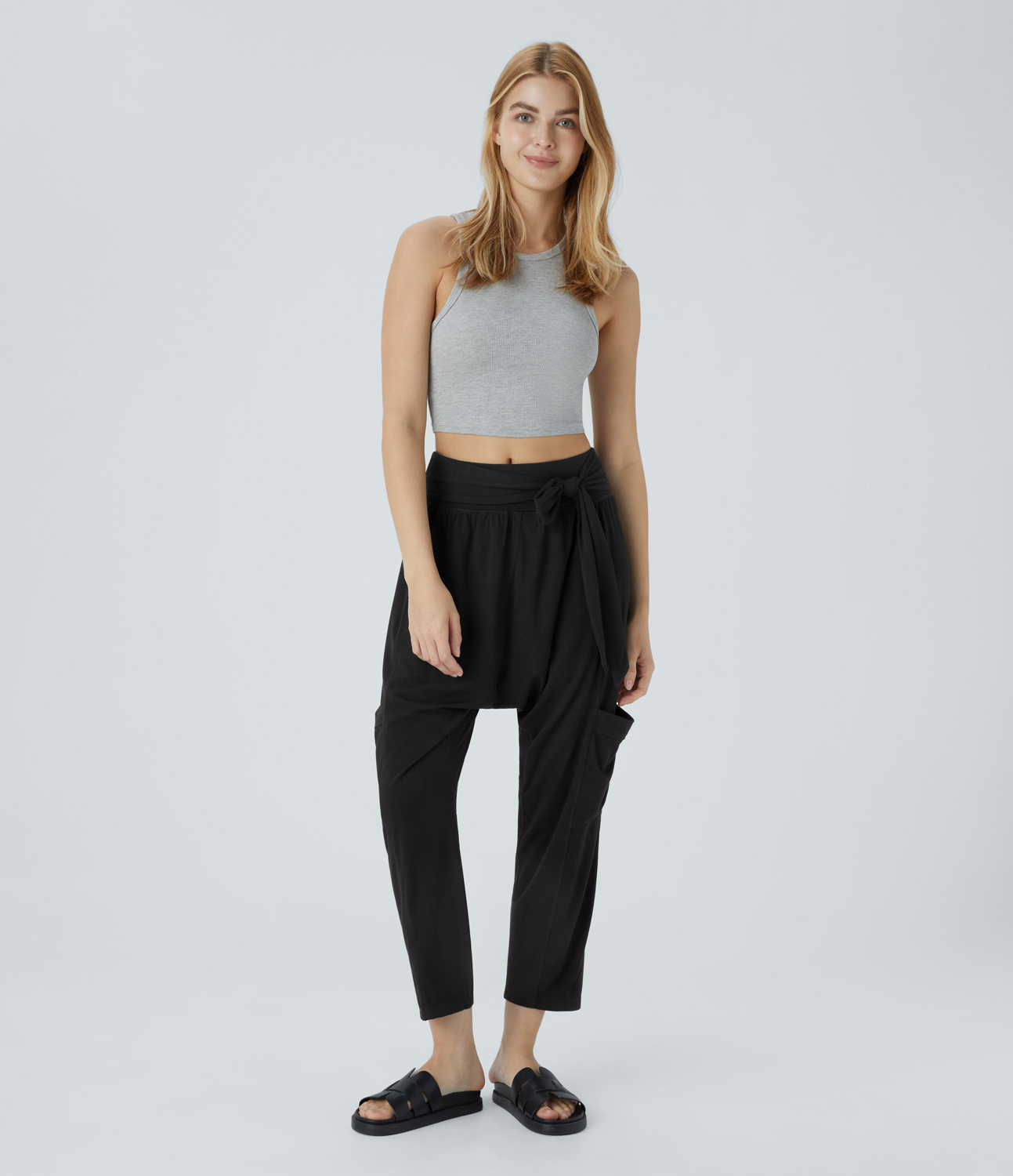 Halara Mid Rise Tie Side Multiple Pockets Casual Harem Pants  - Black - L(regular) sweatpants jogger pants stacked sweatpants cargo joggers 