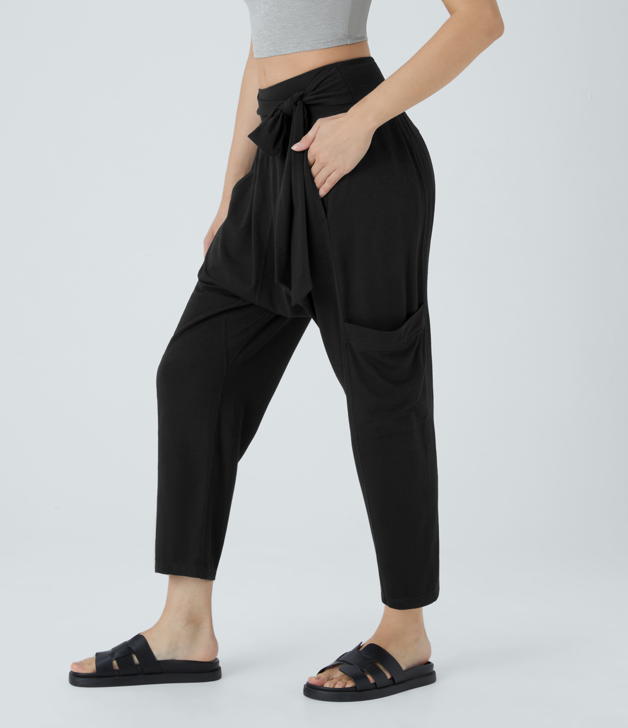 Halara Mid Rise Tie Side Multiple Pockets Casual Harem Pants  - Black - L(regular) sweatpants jogger pants stacked sweatpants cargo joggers 