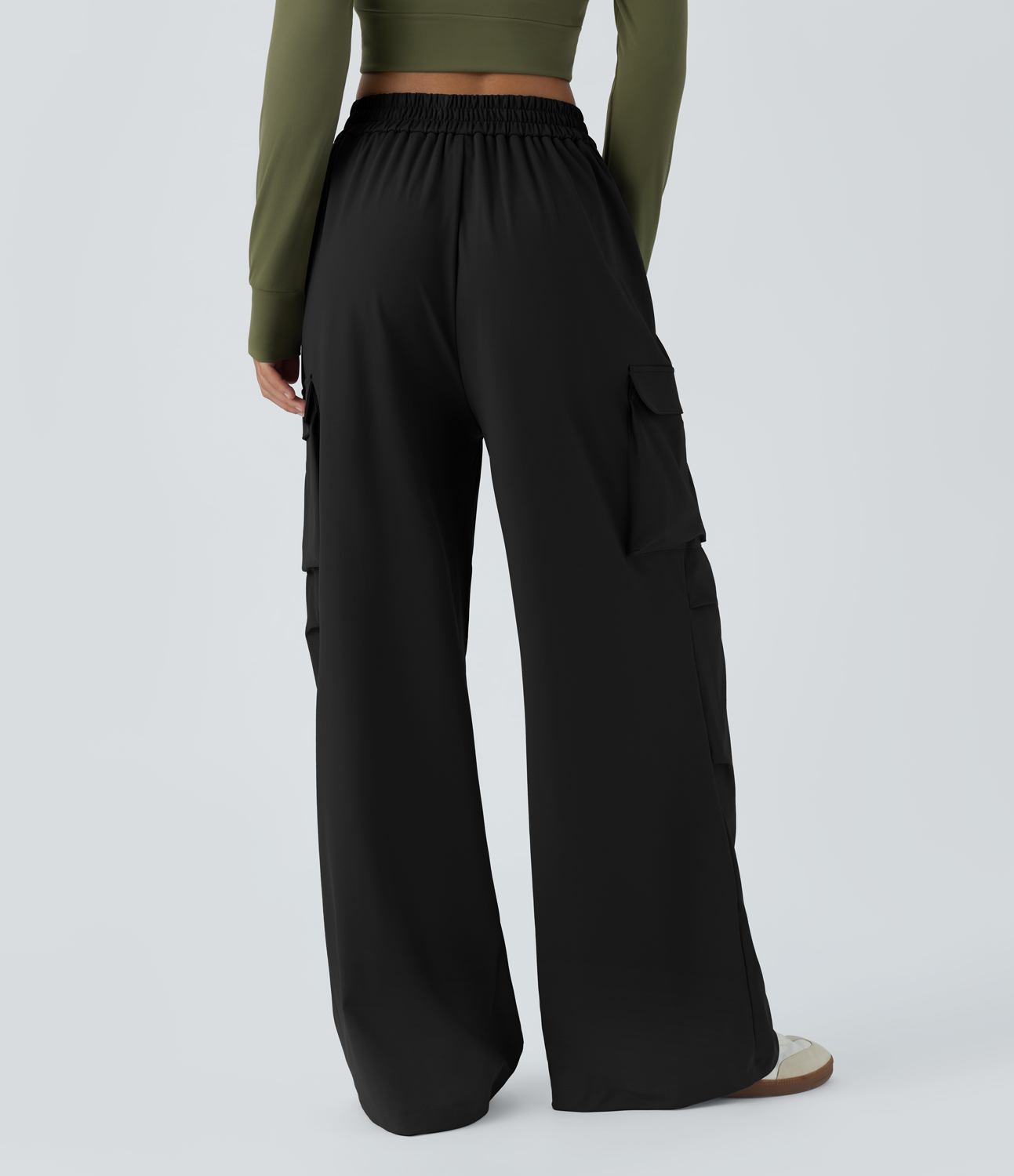 Halara High Waisted Plicated Multiple Pockets Wide Leg Cargo Casual Pants  - Black - L(regular) sweatpants jogger pants stacked sweatpants 