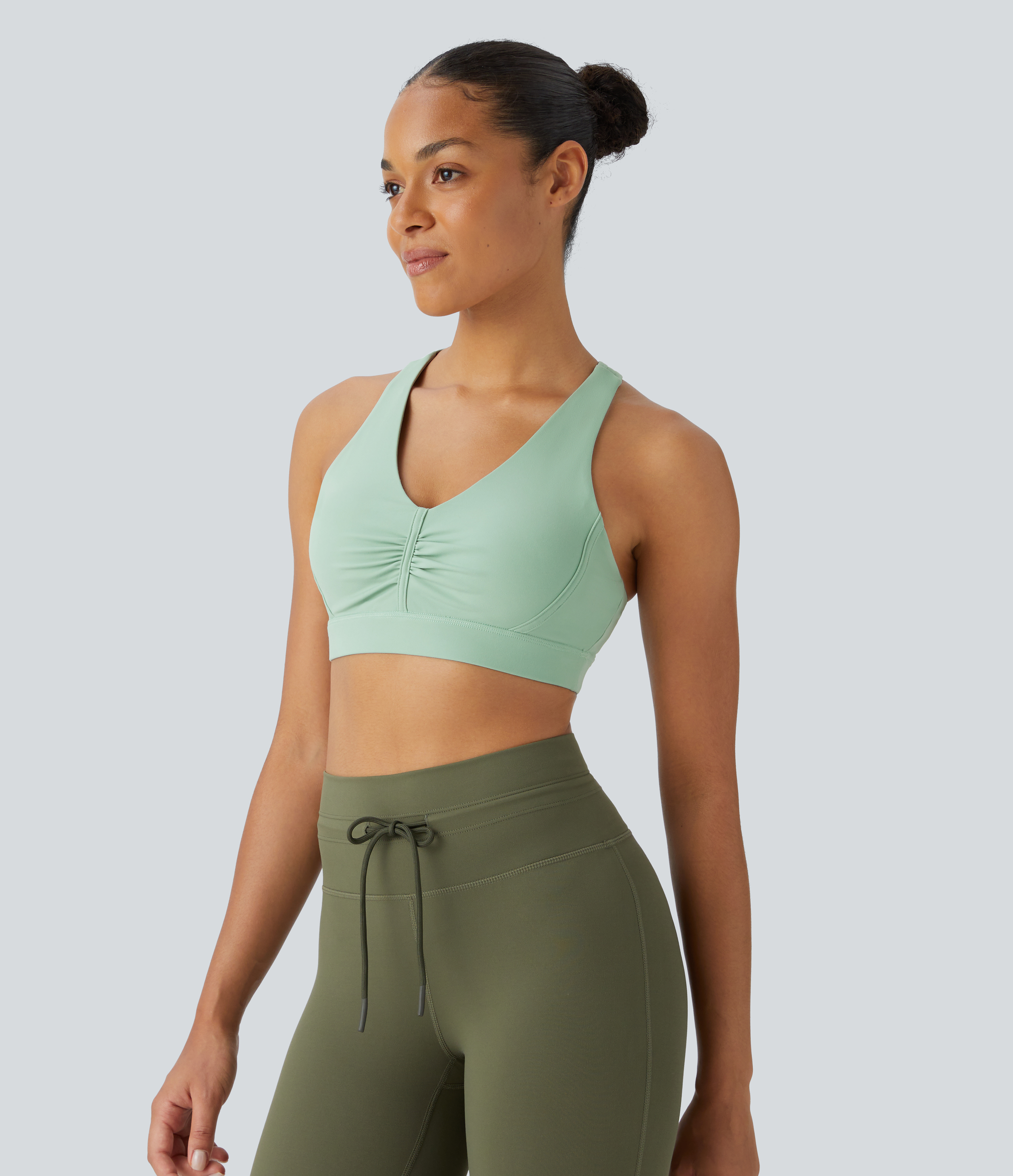 Halara Softlyzeroв„ў Plush Low Support Backless Ruched Color Block Yoga Sports Bra  - Subtle Green - S push up bra strapless bra backless bra 
