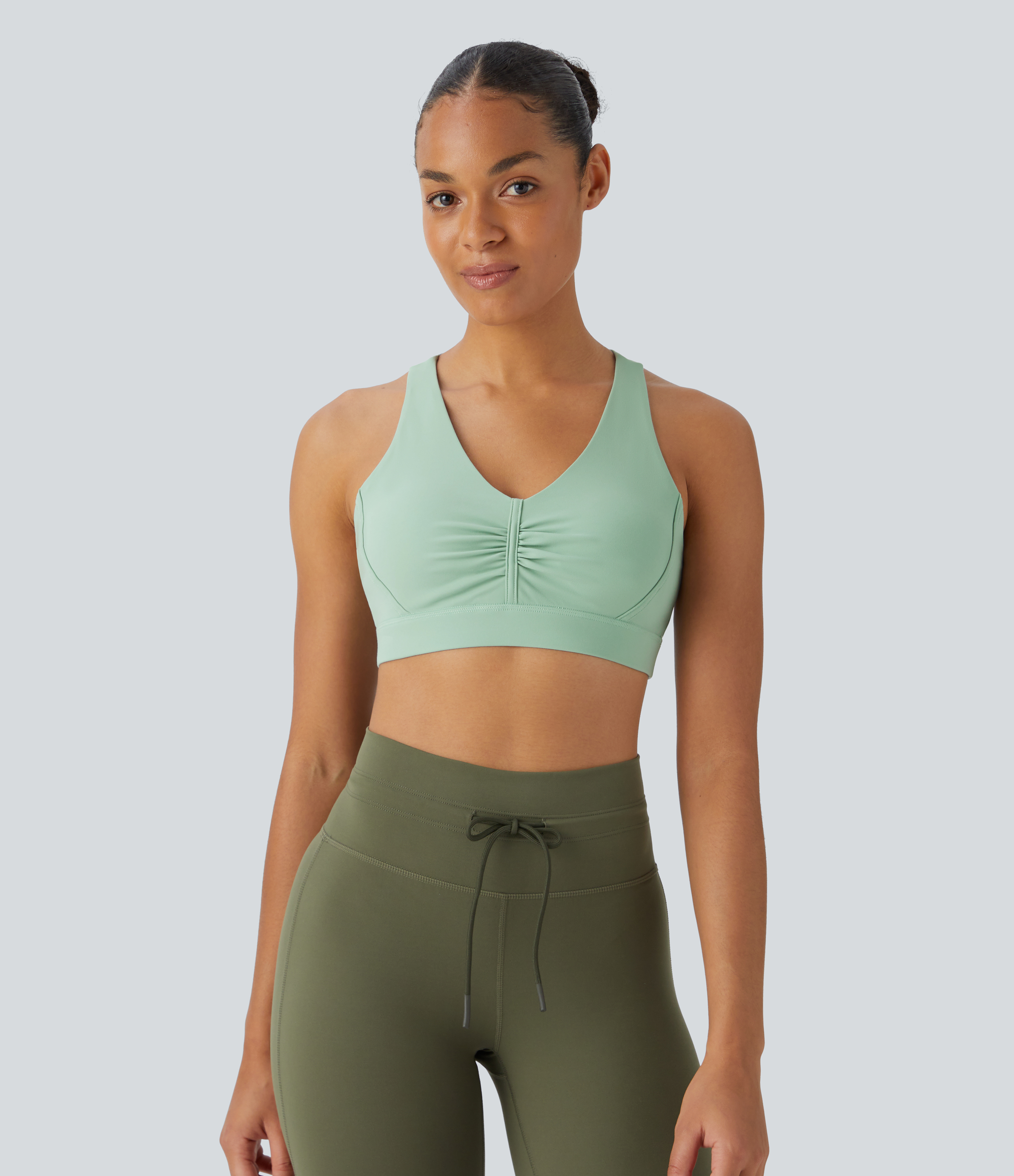 Halara Softlyzeroв„ў Plush Low Support Backless Ruched Color Block Yoga Sports Bra  - Subtle Green - S push up bra strapless bra backless bra 