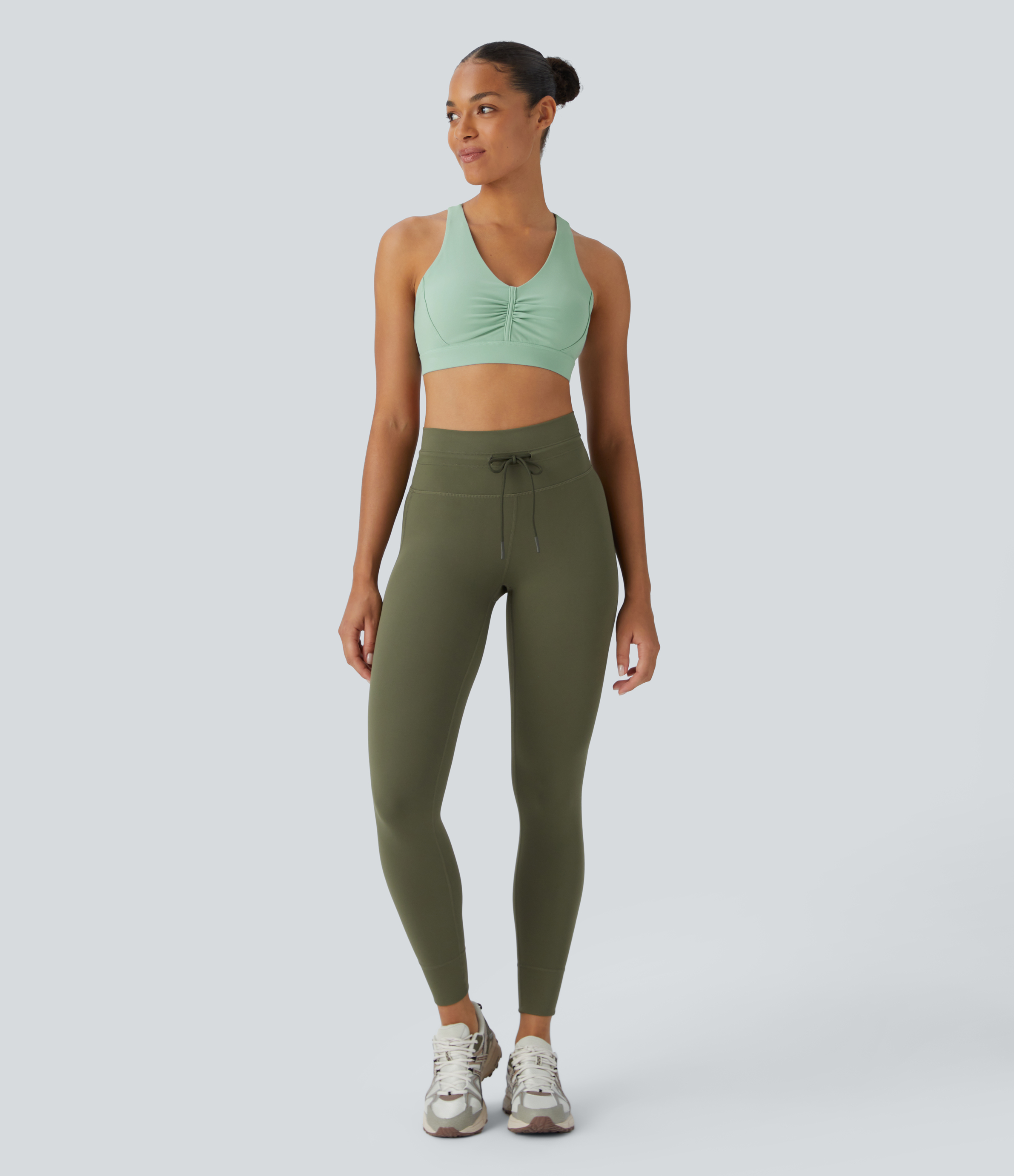 Halara Softlyzeroв„ў Plush Low Support Backless Ruched Color Block Yoga Sports Bra  - Subtle Green - S push up bra strapless bra backless bra 