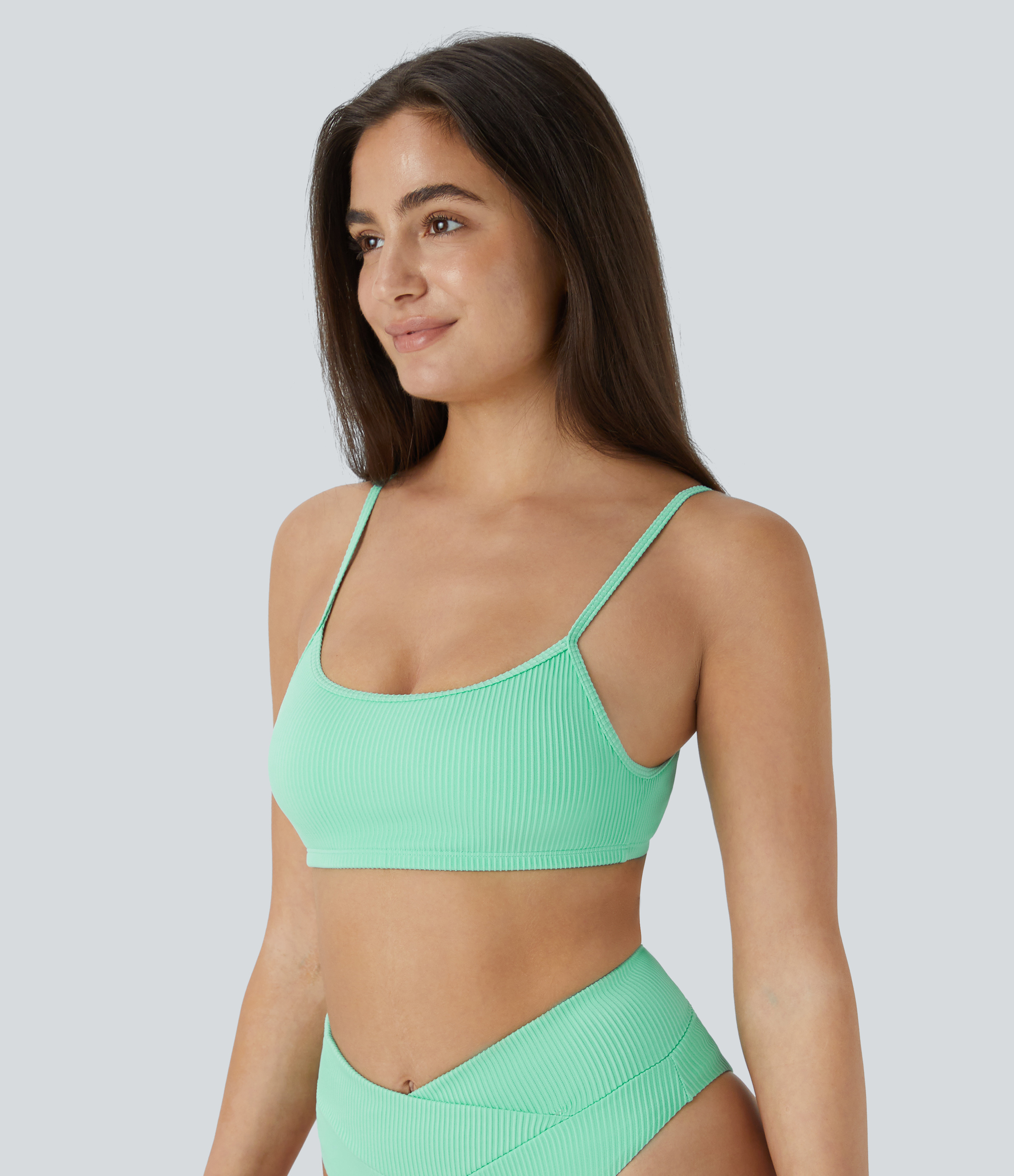 Halara Ribbed Adjustable Strap Backless Bikini Top Swimsuit  - Sunshine Green - M 