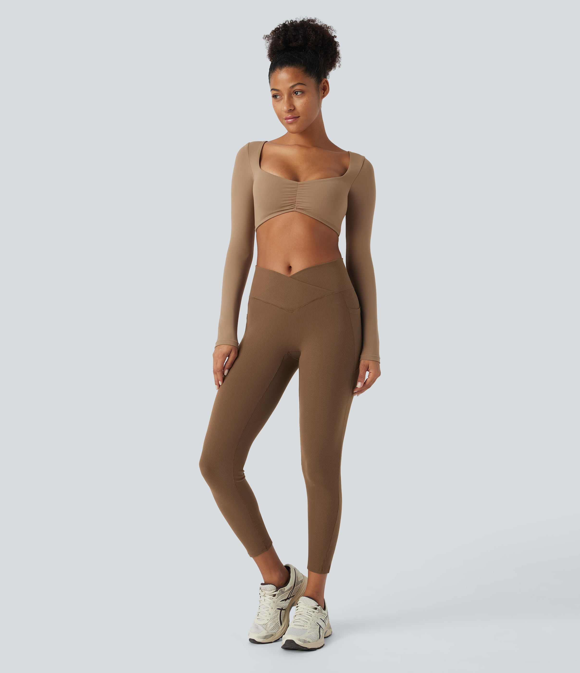 Halara Softlyzeroв„ў Ribbed High Waisted Tummy Control Crossover Side Pocket Plain Yoga 7/8 Leggings  - Toffee - S(7/8) gym leggings 