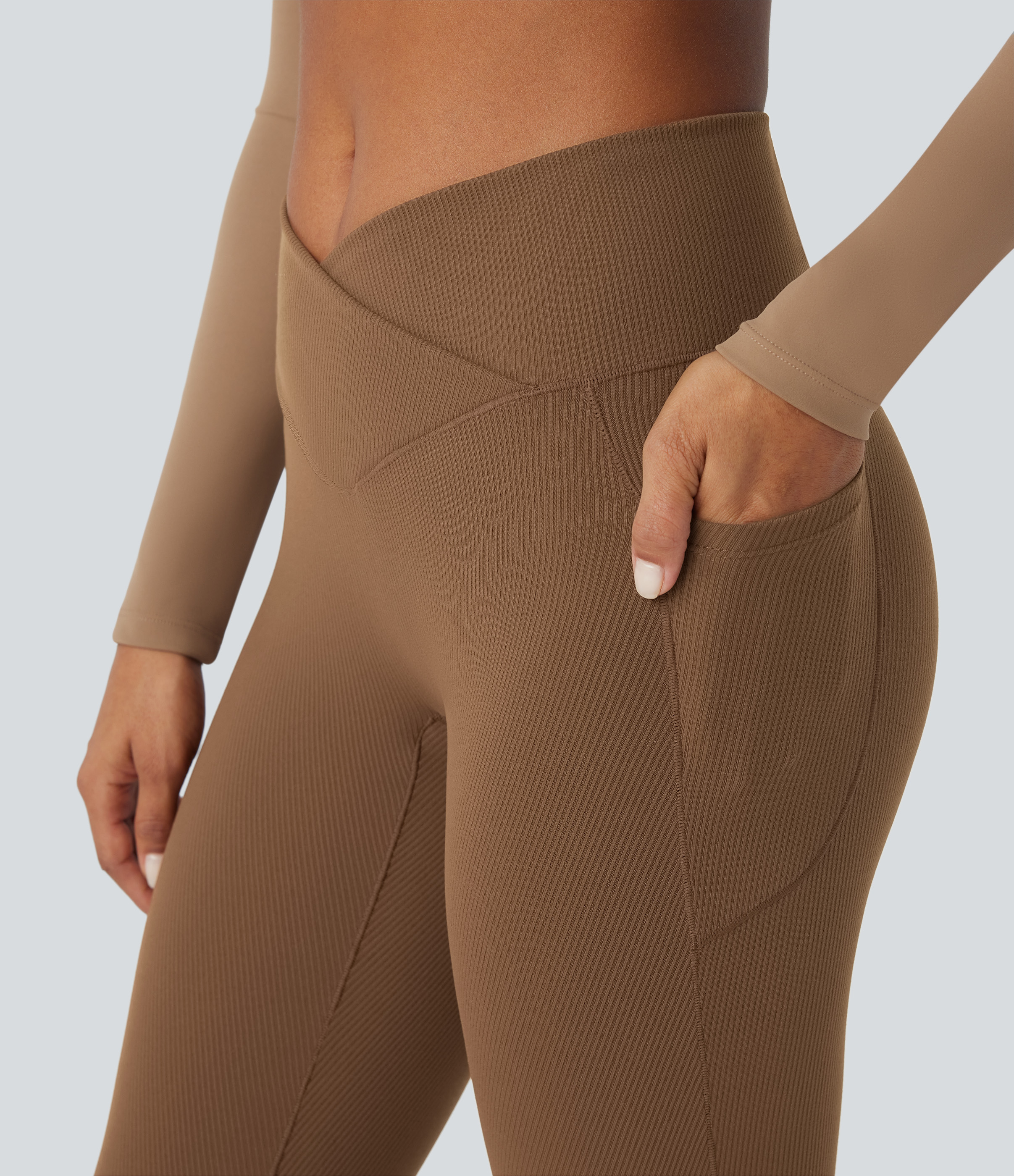 Halara Softlyzeroв„ў Ribbed High Waisted Tummy Control Crossover Side Pocket Plain Yoga 7/8 Leggings  - Toffee - S(7/8) gym leggings 