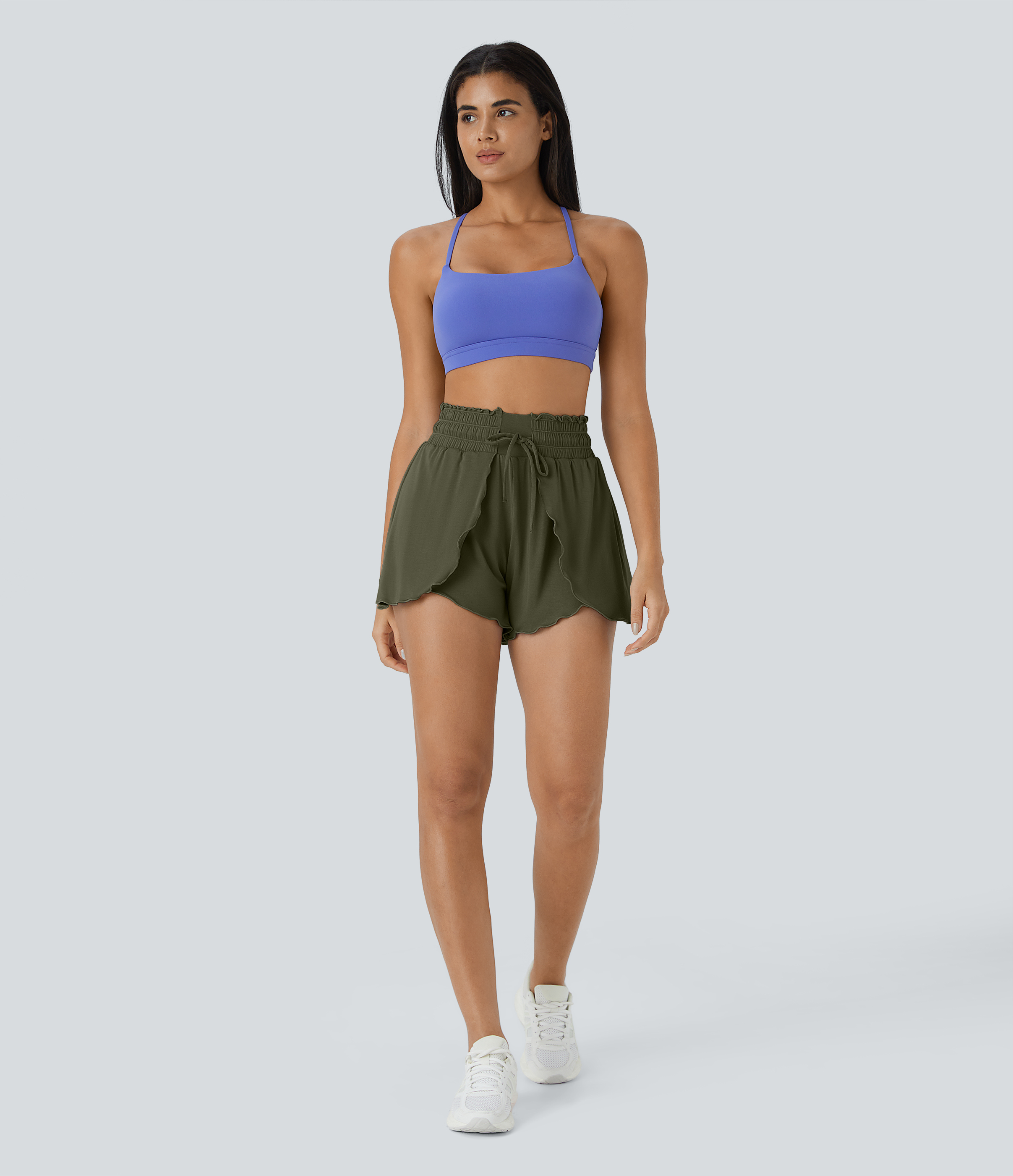 Halara Frill High Waisted Elastic Waistband Drawstring Flowy Stacked Casual Shorts 3