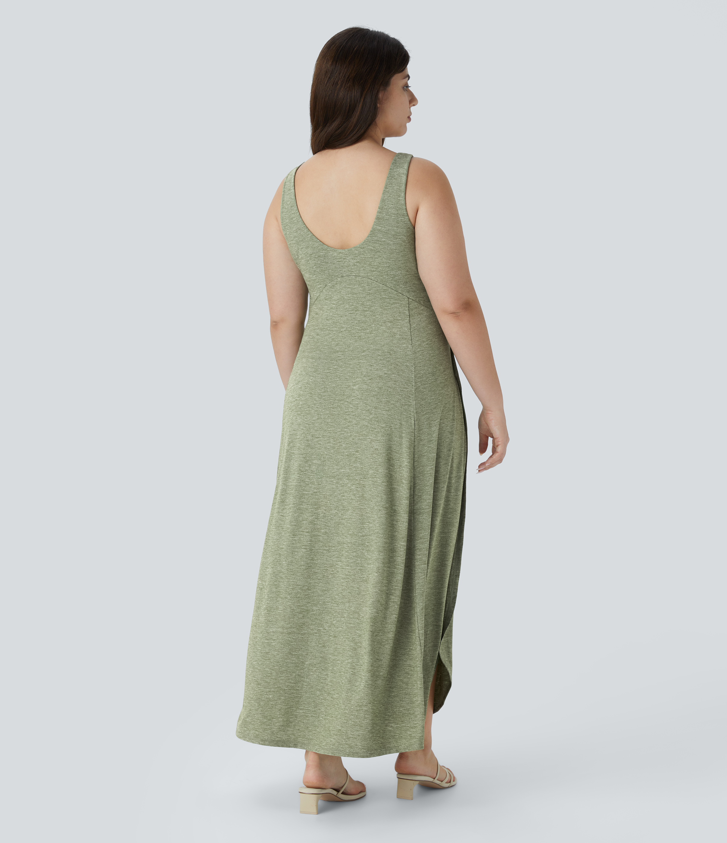 Light Green Floral Yarn Robe débardeur maxi fluide à encolure en U, décontractée, grande taille / 2