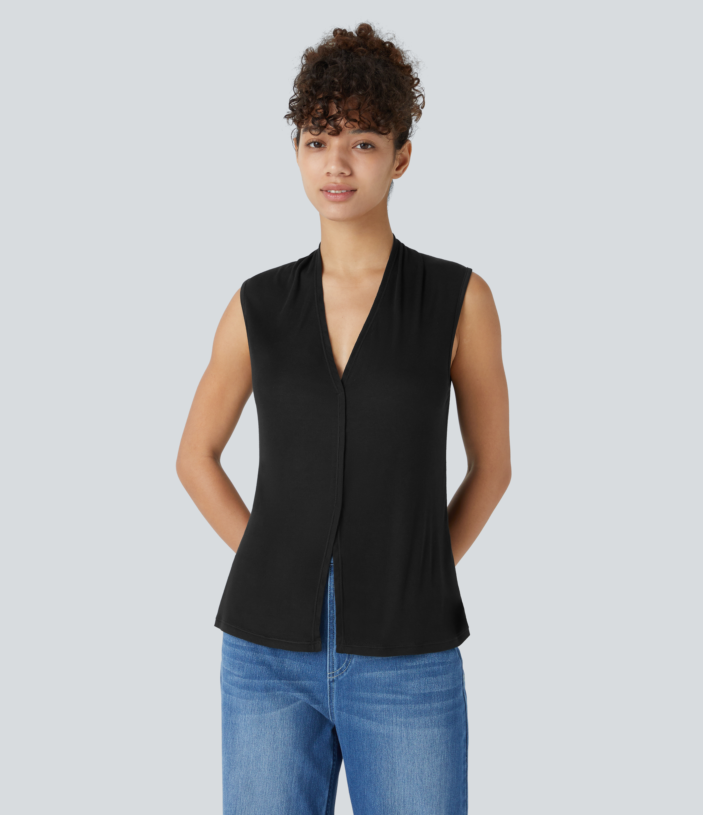 Halara V Neck Sleeveless Split Hem Solid Casual Top Tank Top - Black - XS golf tops halter top tunic tops sleeveless tops backless top 