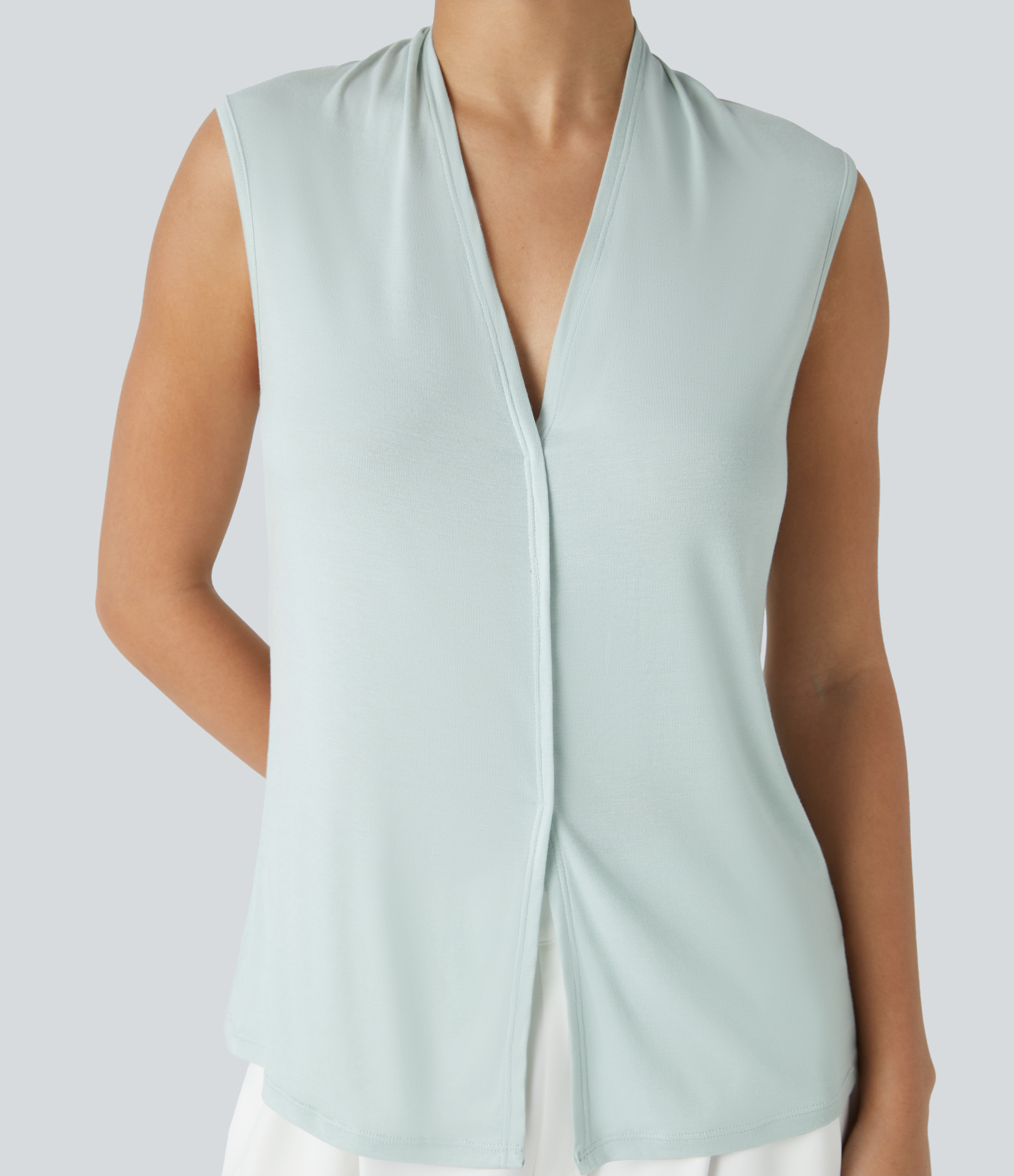 Halara V Neck Sleeveless Split Hem Solid Casual Top Tank Top - Morning Mist - M golf tops halter top tunic tops sleeveless tops backless top 