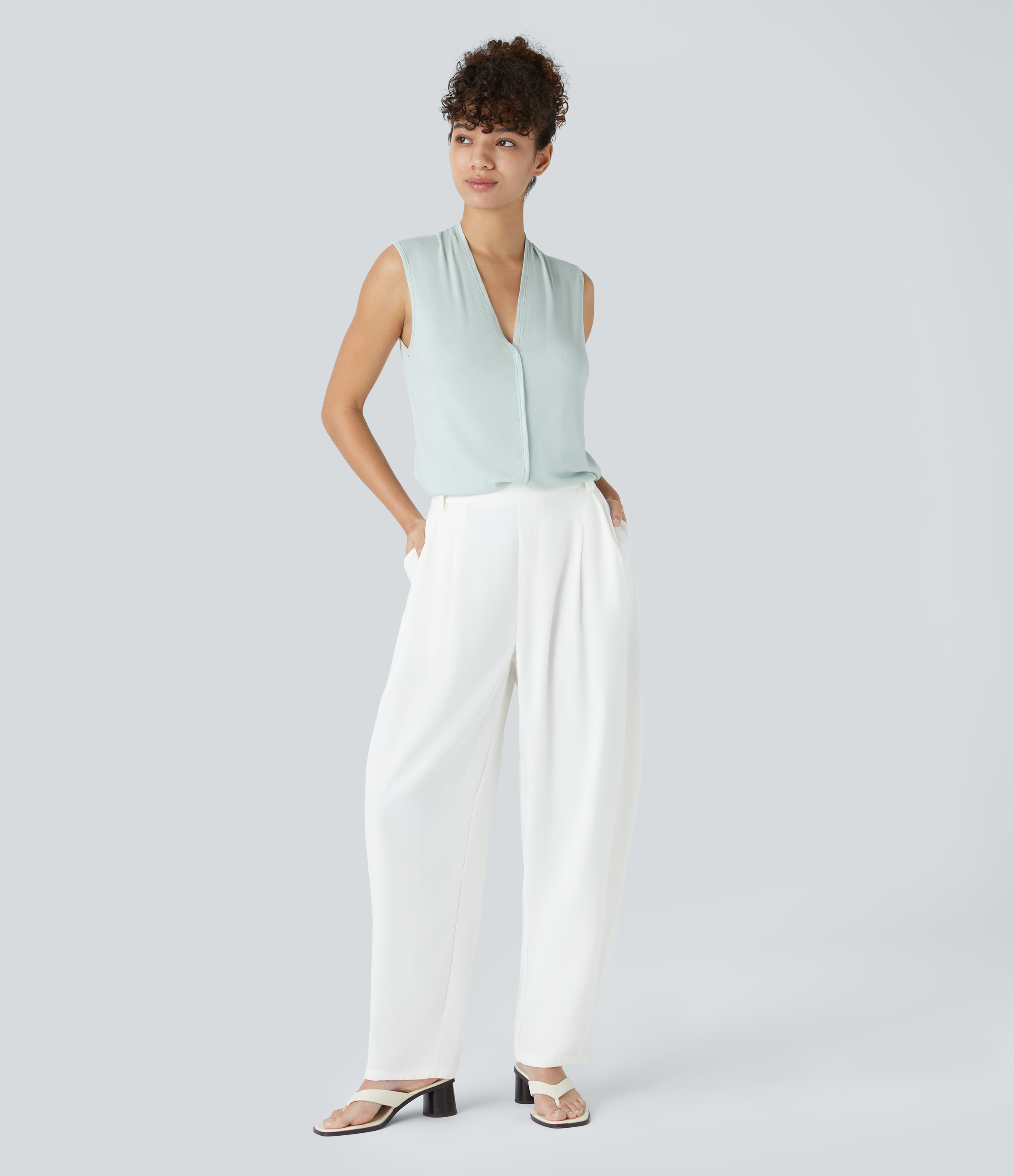 Halara V Neck Sleeveless Split Hem Solid Casual Top Tank Top - Morning Mist - M golf tops halter top tunic tops sleeveless tops backless top 