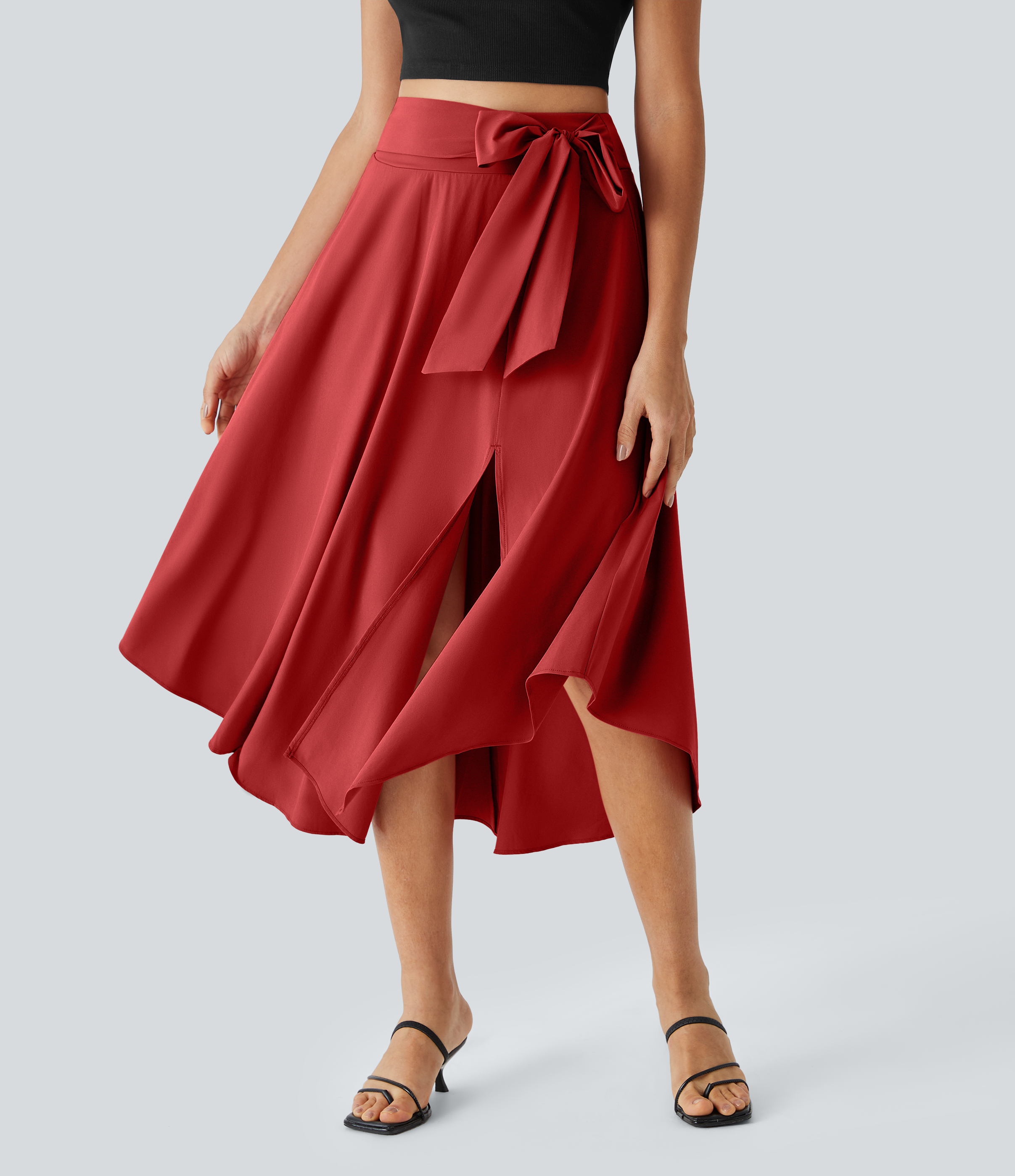 Halara Breezefulв„ў High Waisted Tie Side Split 2-in-1 Curved Hem Flowy Quick Dry Midi Casual Skirt  - Pompeian Red - XL(regular) 