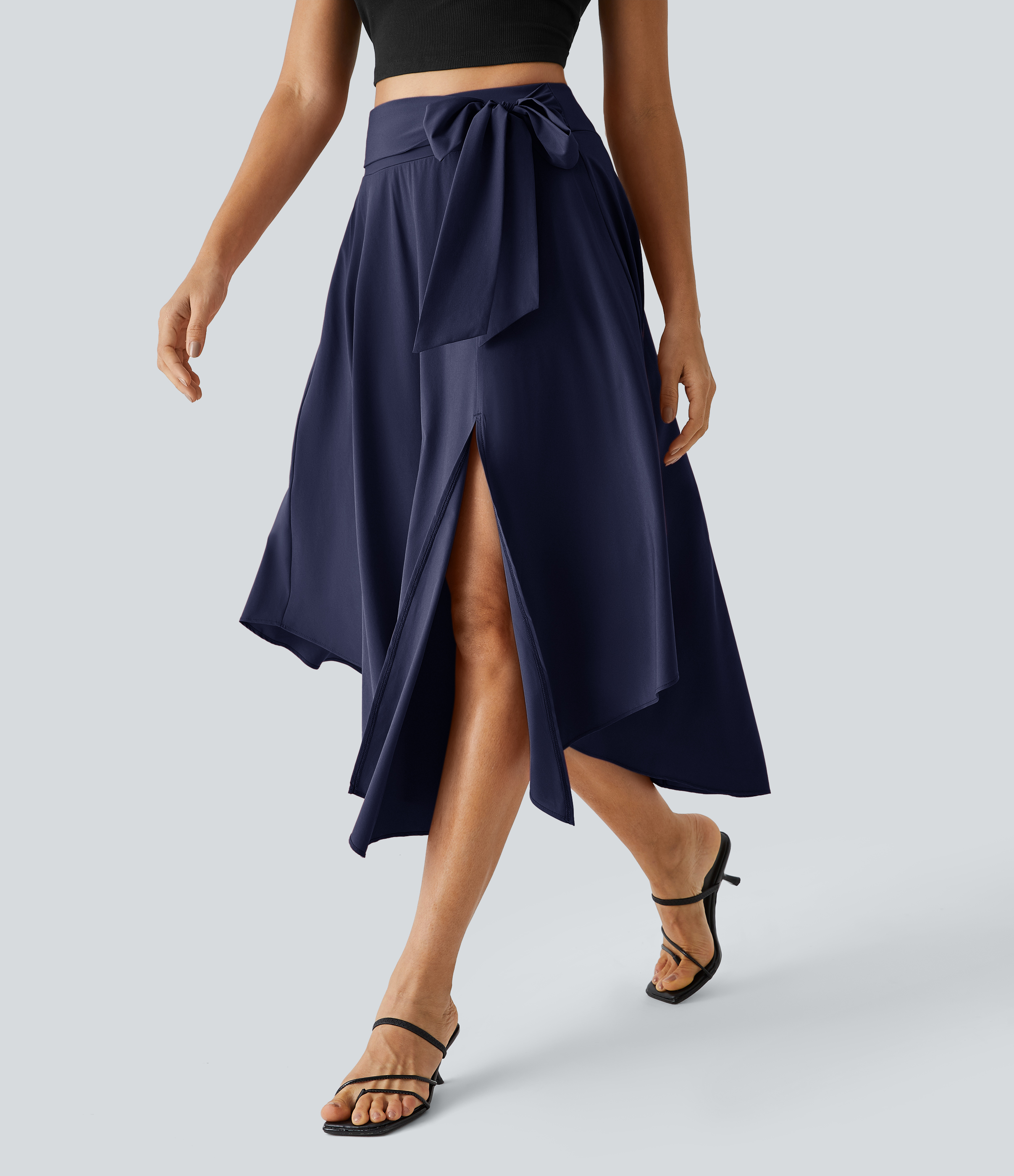 Halara Breezefulв„ў High Waisted Tie Side Split 2-in-1 Curved Hem Flowy Flare Quick Dry Midi Casual Skirt  - Black Diamond Blue - M(regular) 