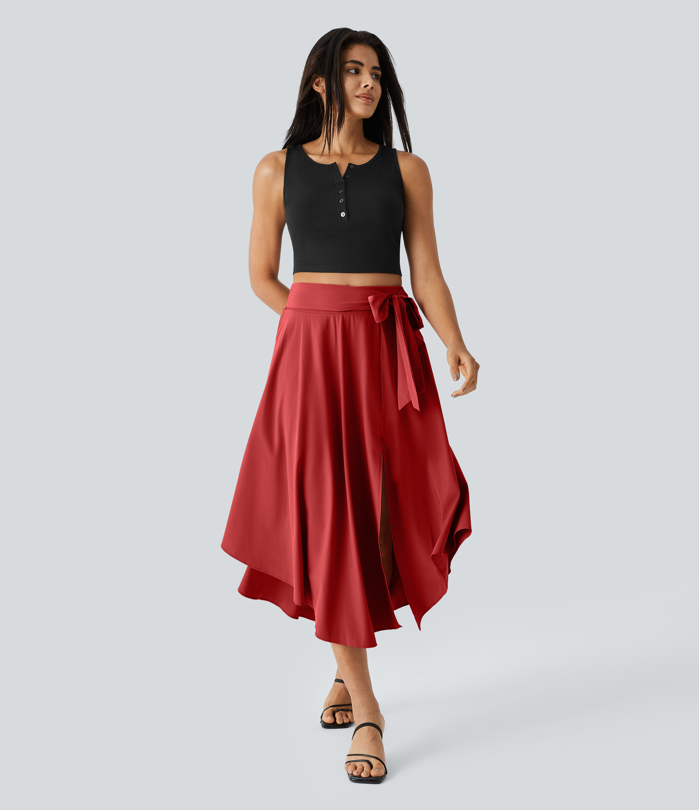Halara Breezefulв„ў High Waisted Tie Side Split 2-in-1 Curved Hem Flowy Quick Dry Midi Casual Skirt  - Pompeian Red - XL(regular) 