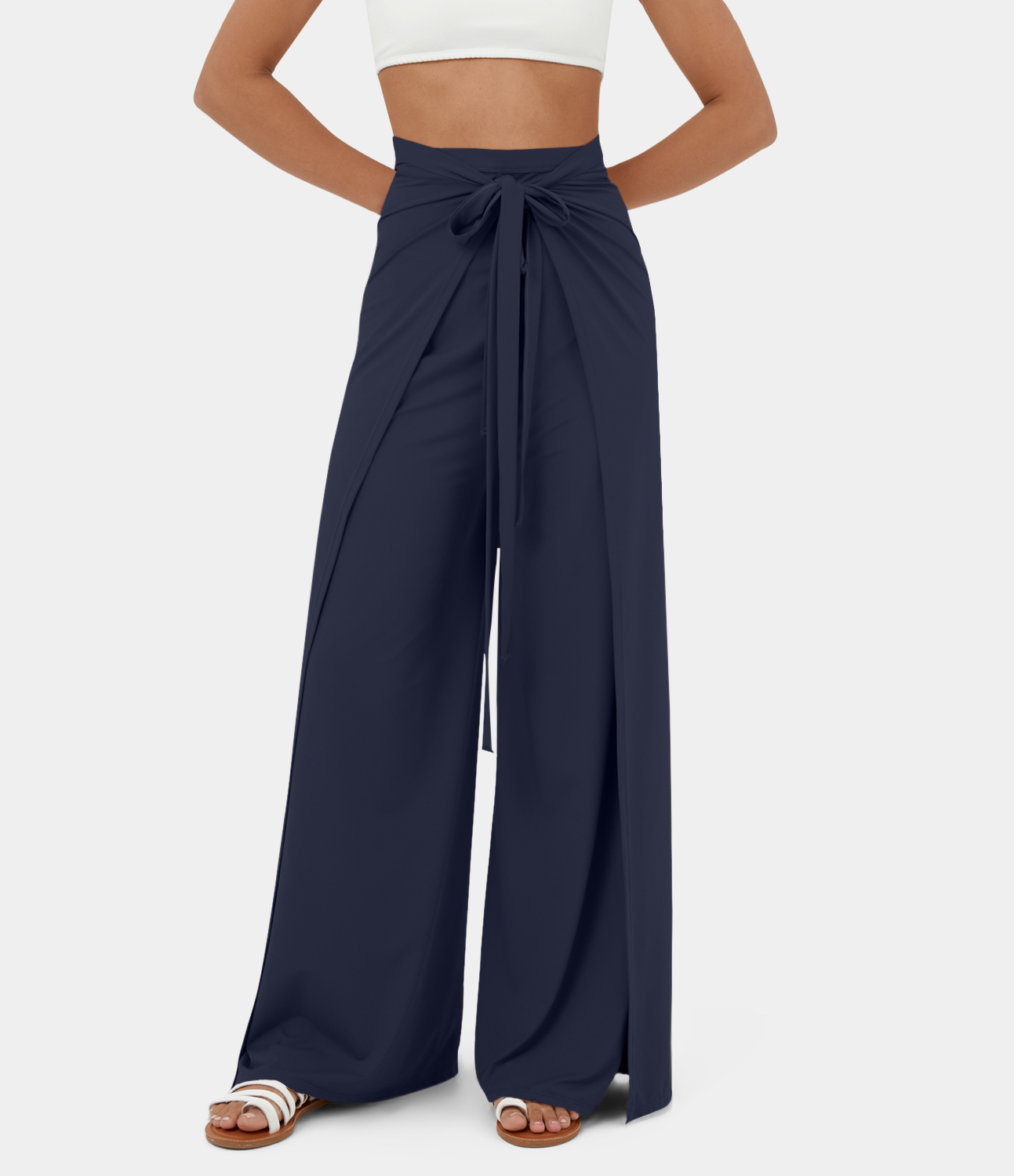 

Halara High Waisted Tie Front Split Hem Palazzo Wide Leg Flowy Casual Pants - Black Iris