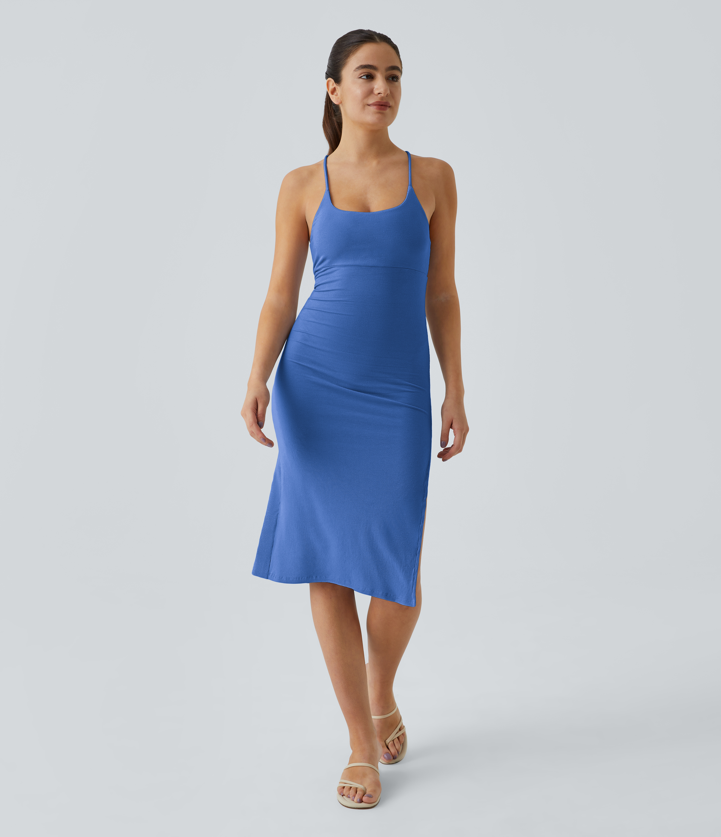 Halara Everyday Split Strap Bodycon Midi Chill Party Dress-Sensational Casual Dress - Palace Blue - S slip dress beach dress ruched dress 