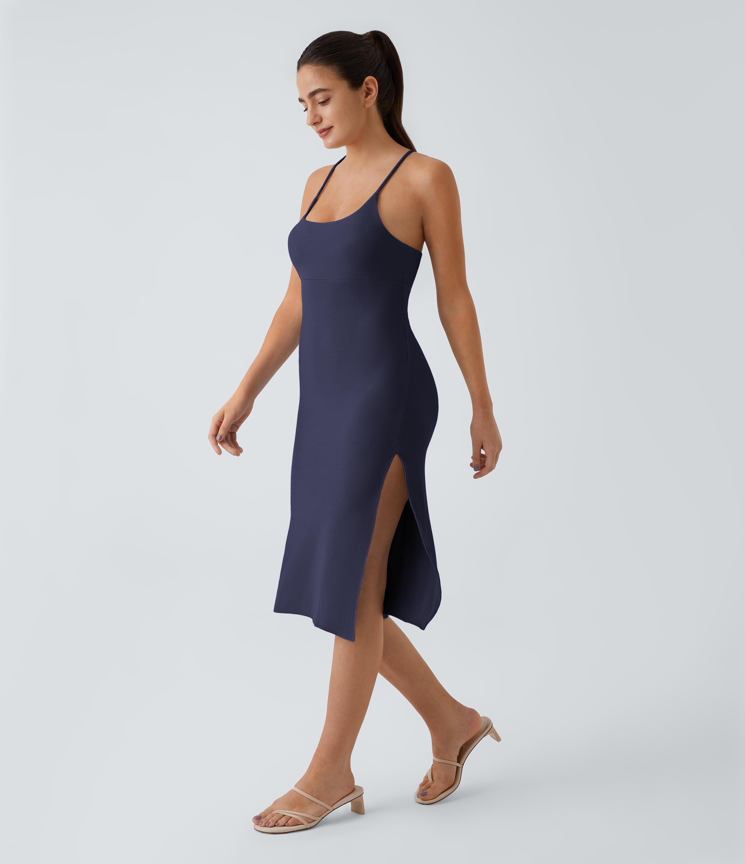 Halara Everyday Split Strap Bodycon Midi Chill Dress-Sensational Casual Dress - Peacoat - M slip dress beach dress ruched dress halter dress 