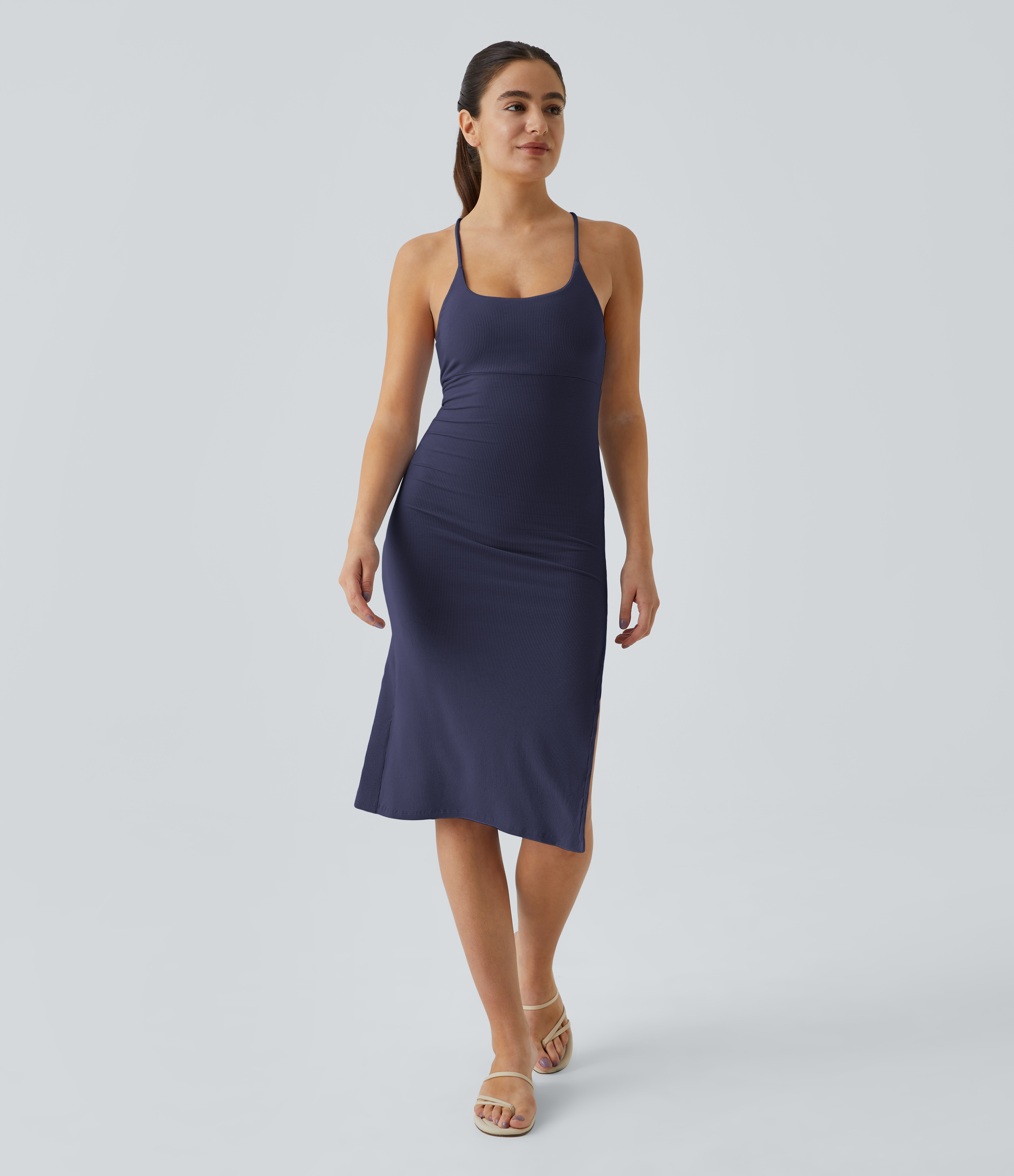 Halara Everyday Split Strap Bodycon Midi Chill Dress-Sensational Casual Dress - Peacoat - M slip dress beach dress ruched dress halter dress 