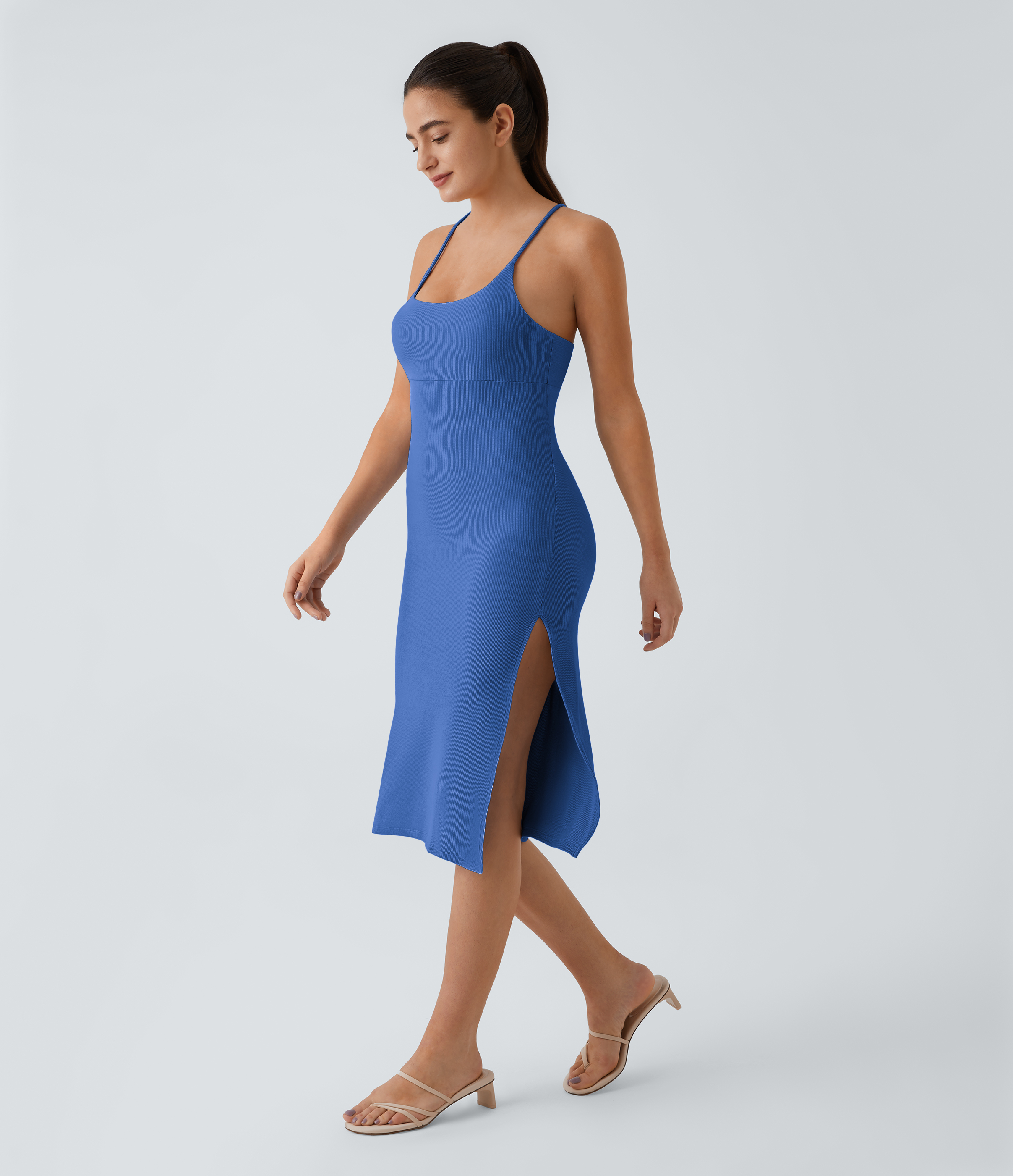Halara Everyday Split Strap Bodycon Midi Chill Party Dress-Sensational Casual Dress - Palace Blue - S slip dress beach dress ruched dress 